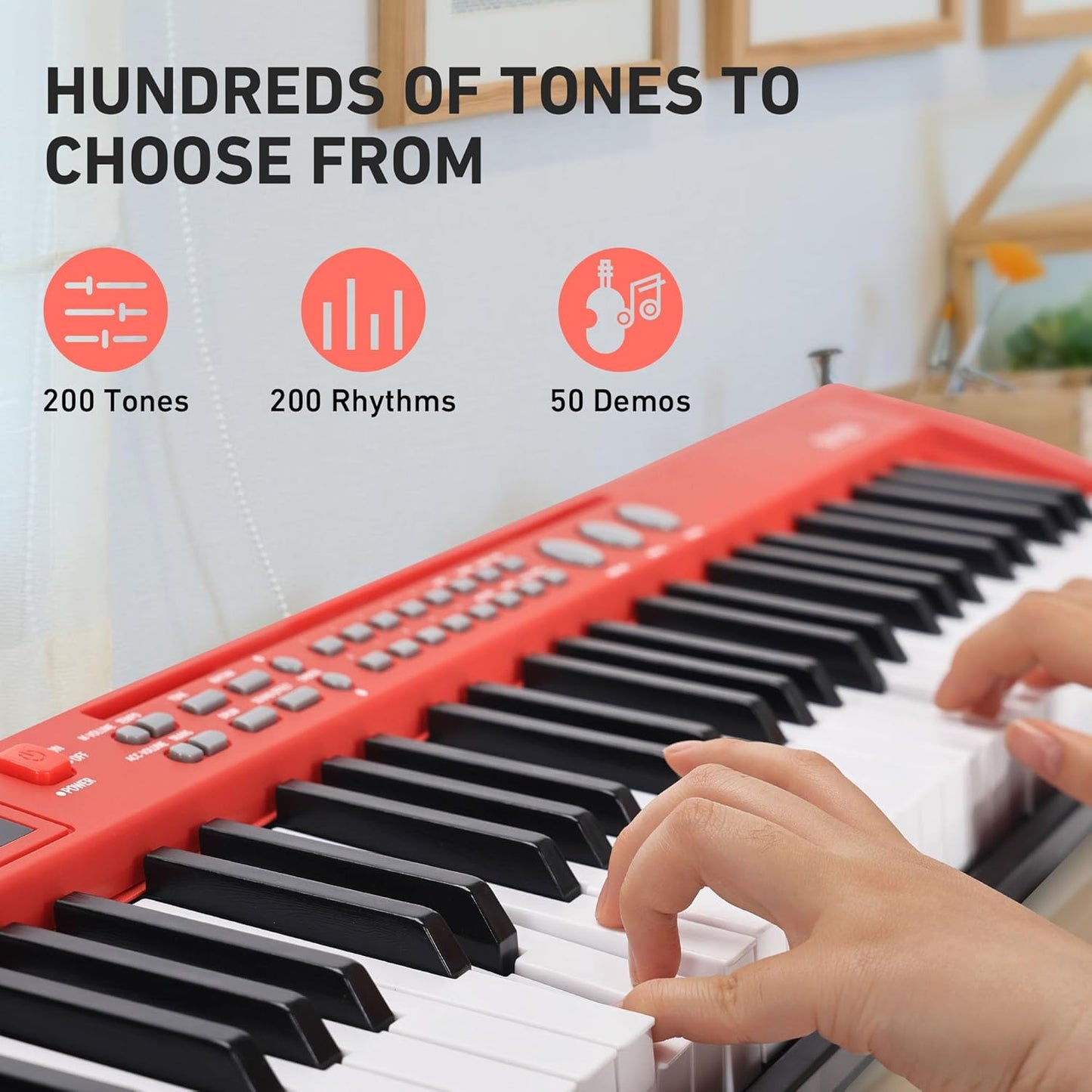 Lexington 61 Key Keyboard Piano, Complete Electronic Piano Keyboard Set for Beginners Adults, Portable Music Keyboard with Lighted Keys, Teaching Modes, Stand, Case, Microphone (61-Key Red)