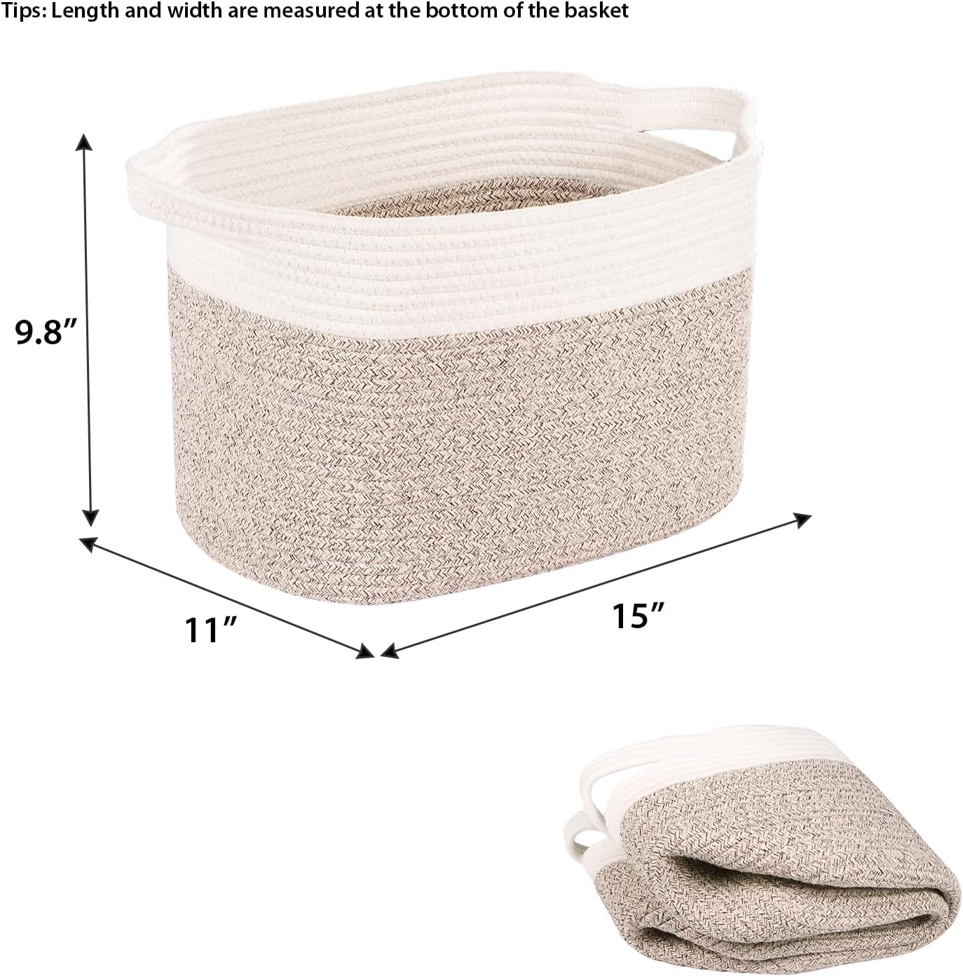 Kntiwiwo Storage Baskets for Organizing 14.7”x11”x9.6” Rope Storage Baskets for Shelves with Handles, Decorative Closet Baskets & Bins, Large Woven Baskets for Storage, White & Brown