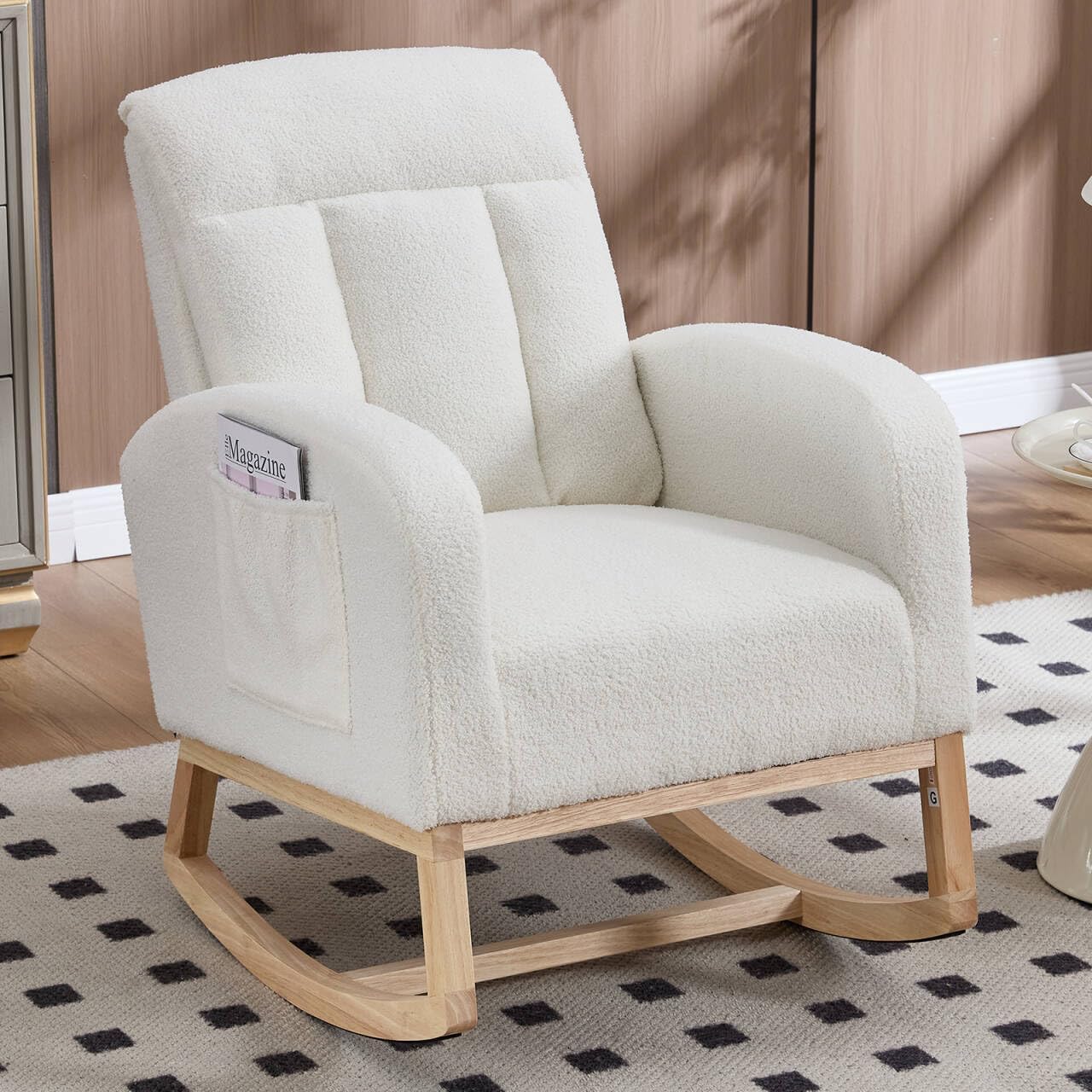 NIOIIKIT Nursery Rocking Chair, Teddy Upholstered Glider Chair with Side Pocket, Glider Rocker Chair with Tufted Back, Comfy Accent Nursing Chair for Living Room (White Modern)
