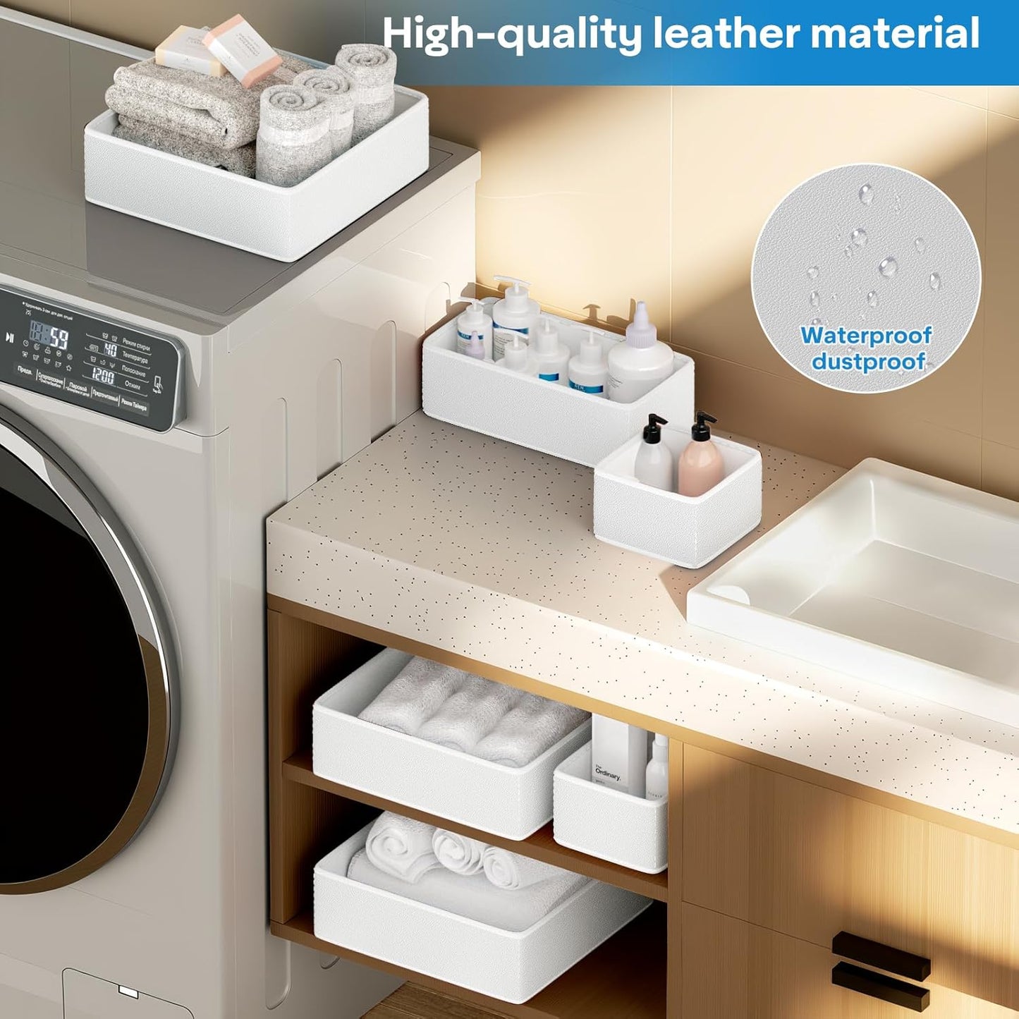 Vegan Leather Drawer Organizers,8 Pack Makeup Storage boxes,Vanity Drawer Luxury upgrade,Bedroom fabric Drawers replacement,bathroom organization and storage Optimal solution