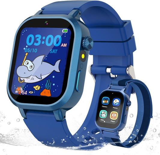 Kids Waterproof Smart Watch Boys Gift Age 3-12 with 39 Game HD Touch Screen Music Player Video Camera Pedometer Alarm Clock Birthday Gift for 6 7 8 9 Year Olds Blue