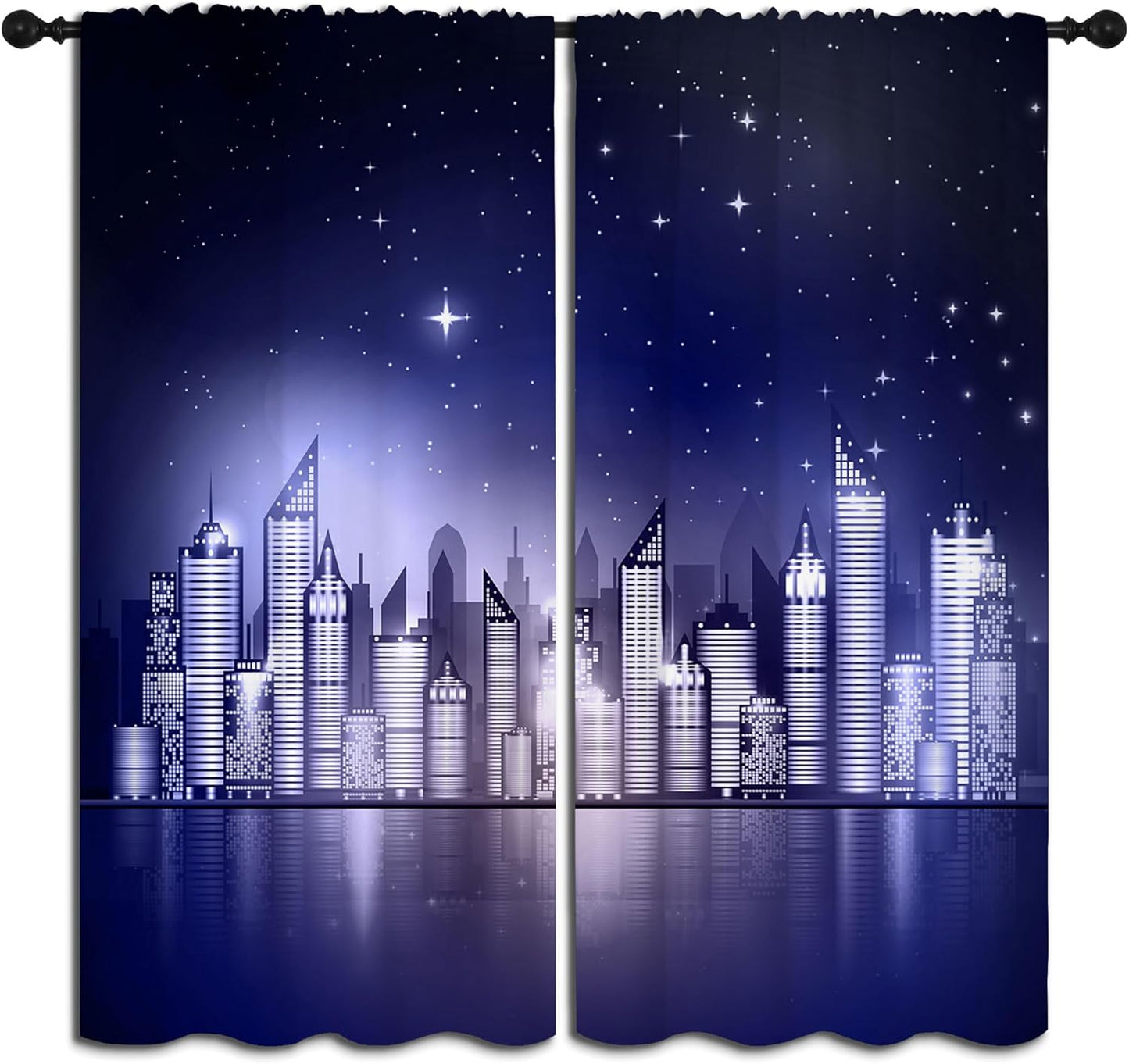 City Rod Pocket Blackout Curtains for Boy Girl Bedroom, New York Skyline Modern City Starry Sky Night View Home Energy Efficient Light Filtering Window Curtain for Living Room, 84x63 inch