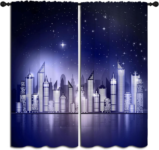 City Rod Pocket Blackout Curtains for Boy Girl Bedroom, New York Skyline Modern City Starry Sky Night View Home Energy Efficient Light Filtering Window Curtain for Living Room, 63x63 inch
