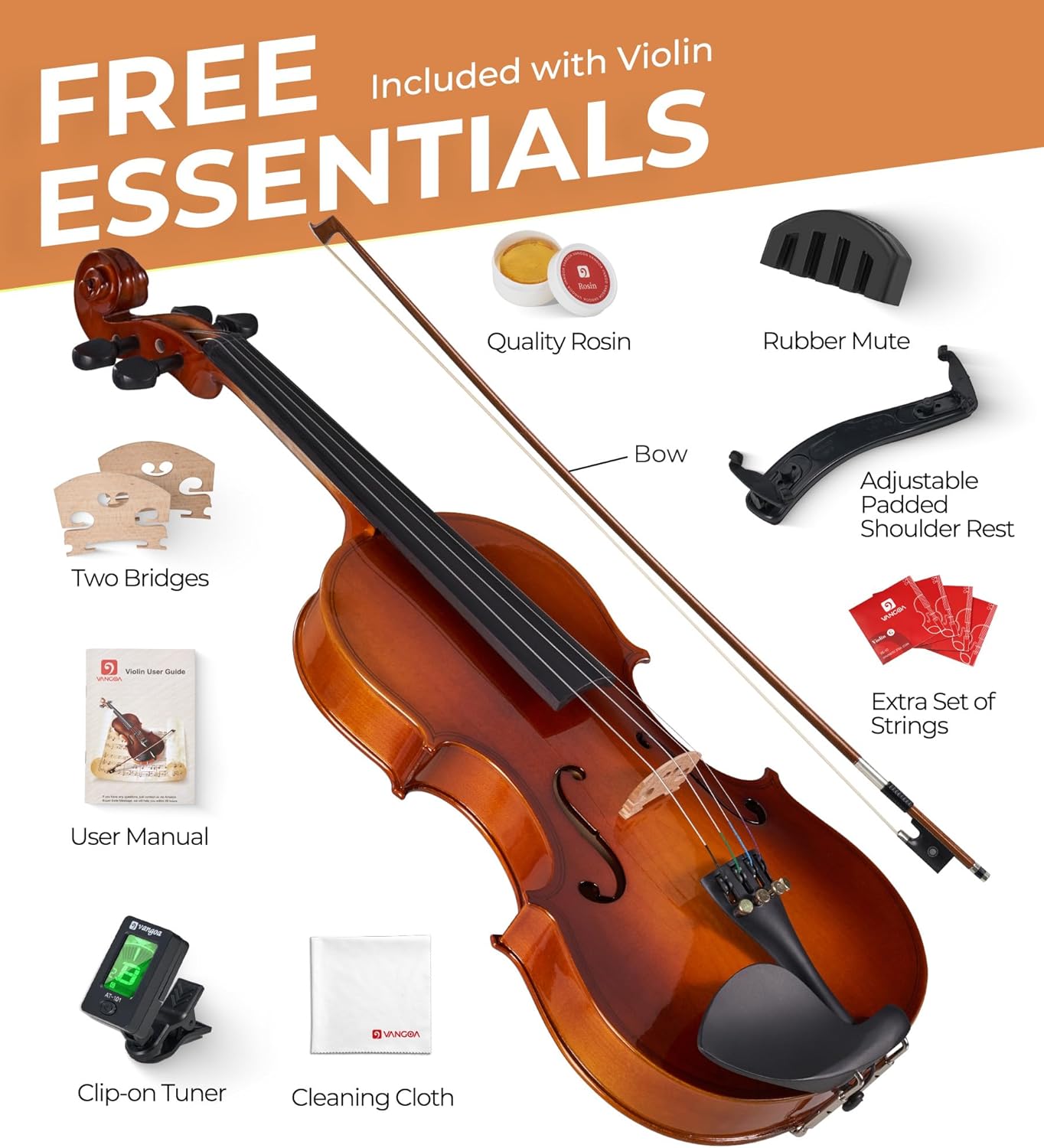 Vangoa Violin 1/2 Size for Kids Beginners Full Set, Spruce Childrens Fiddle Half Size Bundle Medium Acoustic Violins Starter Kit Package w/Side Solidwood, Hard Case for School Students Ages 6-9