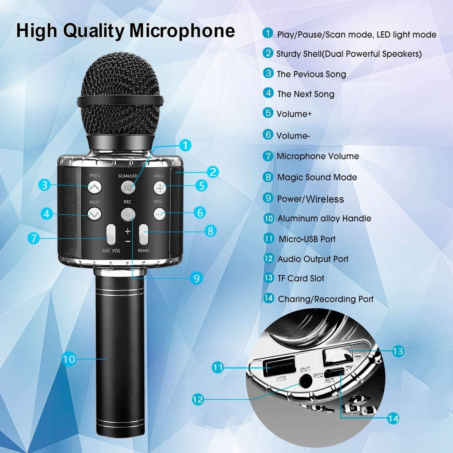 BlueFire 4 in 1 Karaoke Wireless Microphone with LED Lights, Portable Microphone for Kids, Great Gifts Toys for Kids, Girls, Boys and Adults (Black)