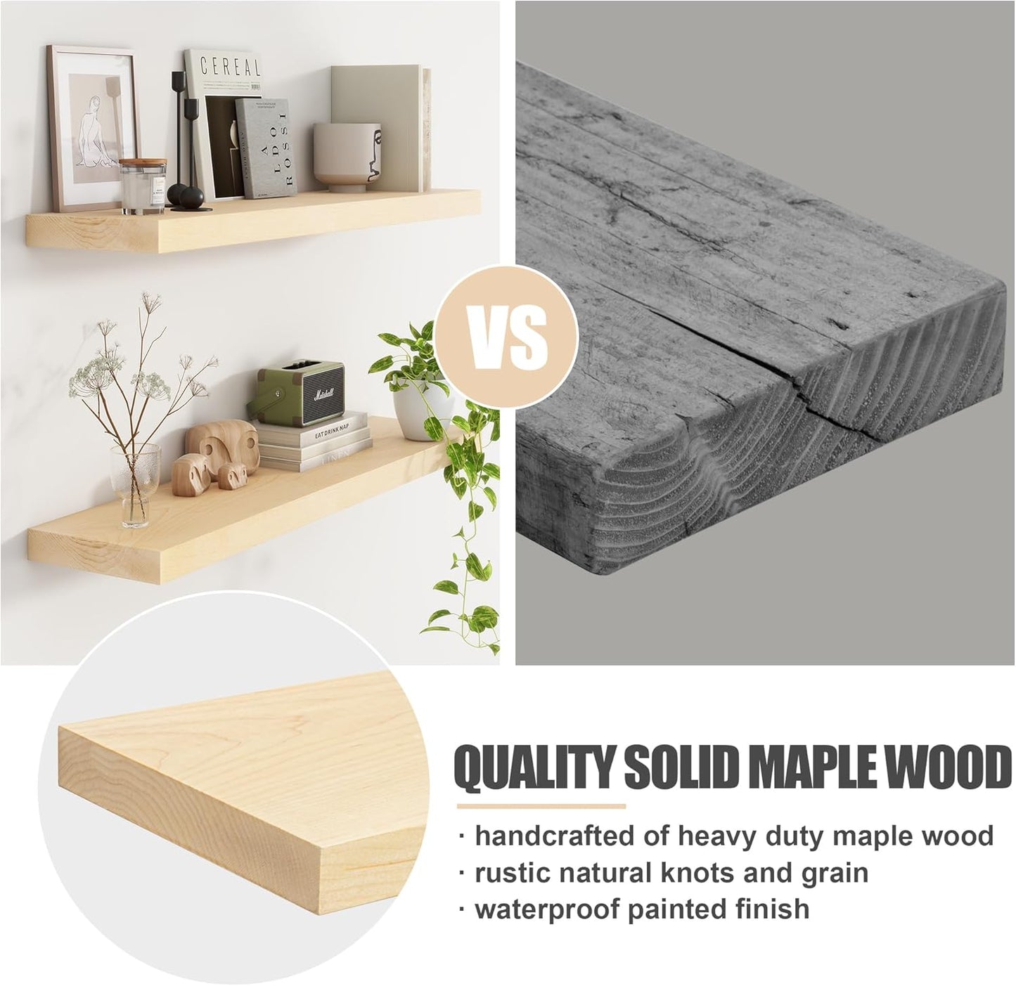 Floating Shelves for Wall, USA-Sourced Maple Wood 24 Inch Wall Shelves Set of 2, Natural Wooden Mounted Picture Ledge Shelf, Nursery Book Storage Shelf Kids Bookshelf, Display Shelf for Bathroom