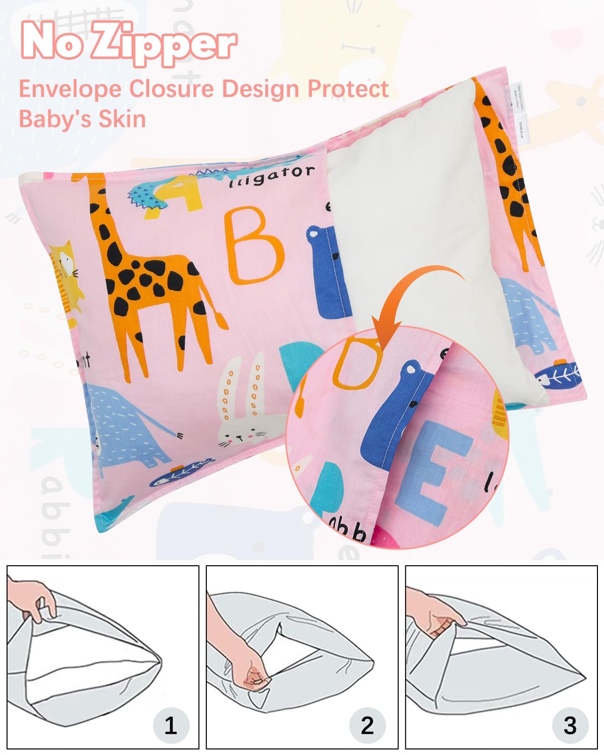 ALVABABY Toddler Pillowcases 2 Pack Organic Cotton Kids Pillow Cover Fit 13"x 18" or 12"x24" Envelope for Girl Boy Sleepy Travel Pink Animals&Dinosaur