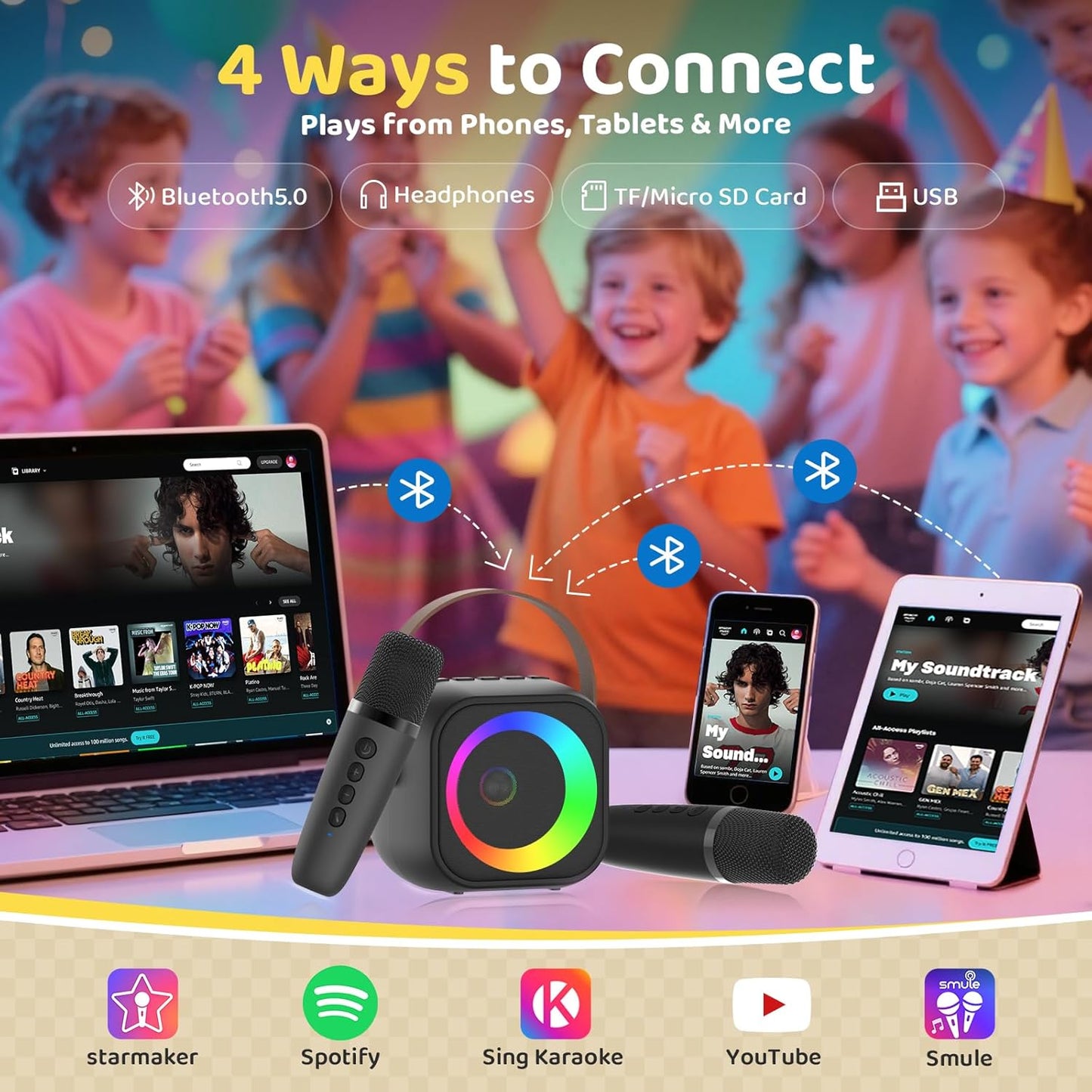 Mini Karaoke Machine, Portable Bluetooth Karaoke Speaker with 2 Wireless Microphones, Singing Machine with Party Lights for Kids and Adults, Birthday Gifts for Girls Boys Family Home Party