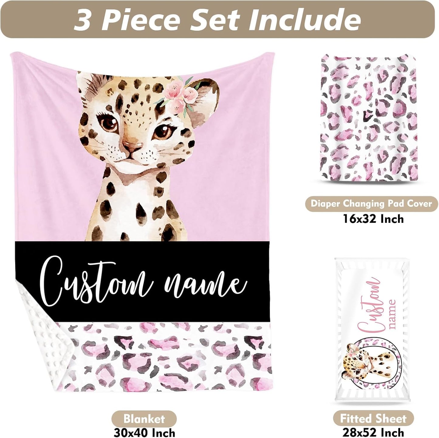 Custom Name Crib Bedding Set - Pink Leopard Theme, Personalized Nursery Bedding 3-Piece Set– Soft Blanket, Fitted Sheet, Changing Pad Cover – for Newborns Girls Nursery Gifts