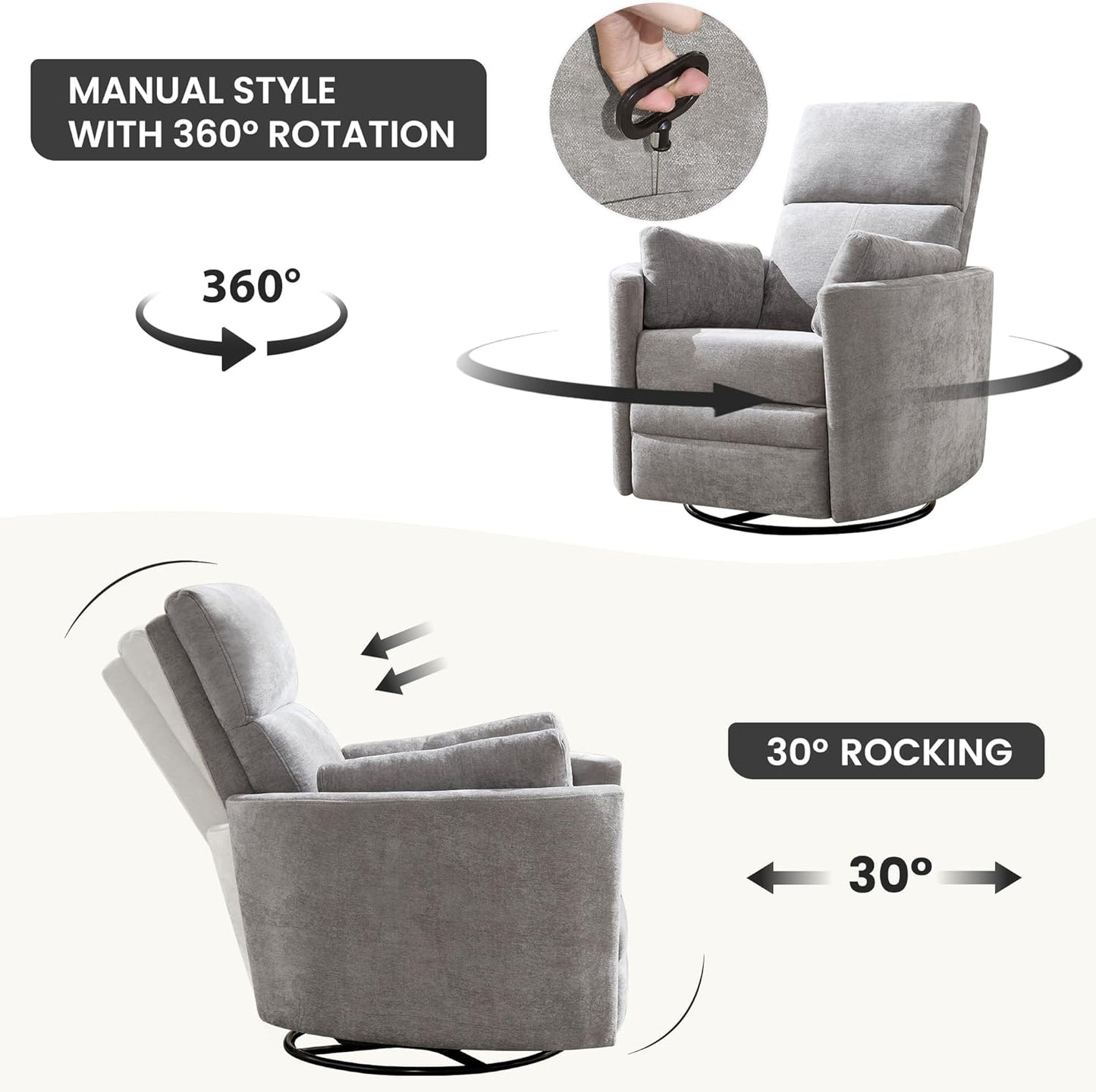 Recliner Swivel Rocking Glider Chair, Upholstered Nursery Adult Recliner Rocking Chair with 2 Pillows for Living Room Bedroom(LIGHTGREY, Manual Operation)