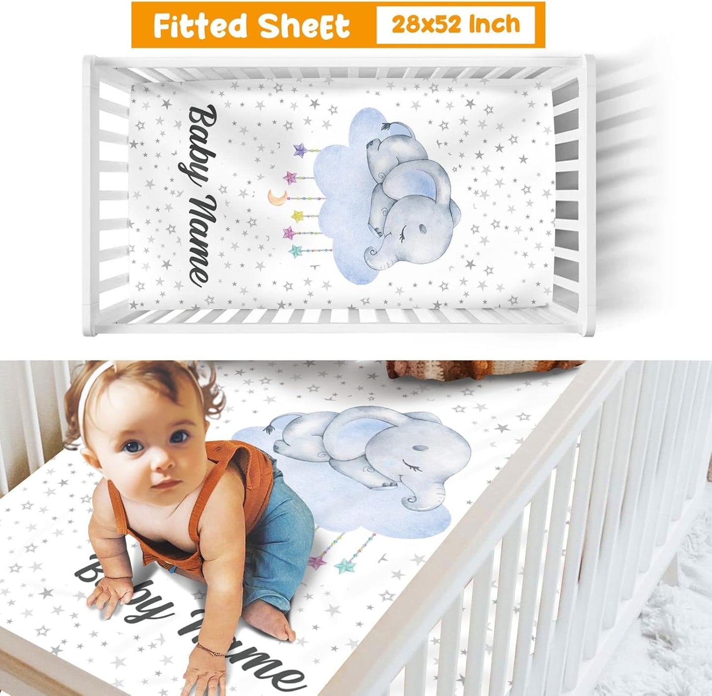 Custom Crib Bedding Set - Elephant Design Personalized Name Baby Nursery Bed 3 Pcs Set - Chic Soft Blanket with Dotted Backing, Sheet, Pillowcase for Newborn Girls Boys Gifts Color17