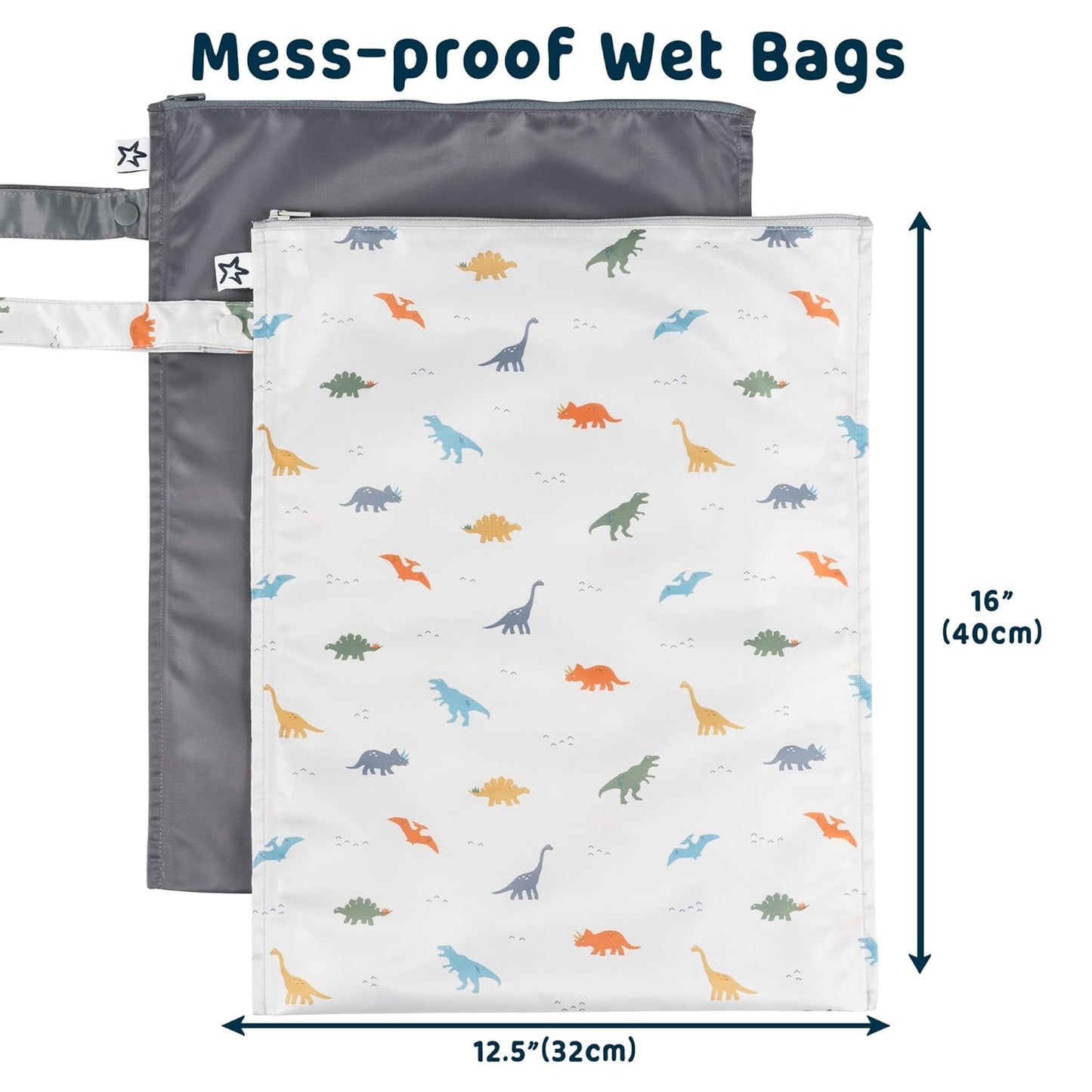 Tiny Twinkle Mess-Proof Waterproof Wet Dry Bag | 2-Pack Reusable Wet Bags for Swimsuits & Baby Clothes | Leakproof Wet Bag for Travel & Diaper Changes for Baby (Dinosaur)