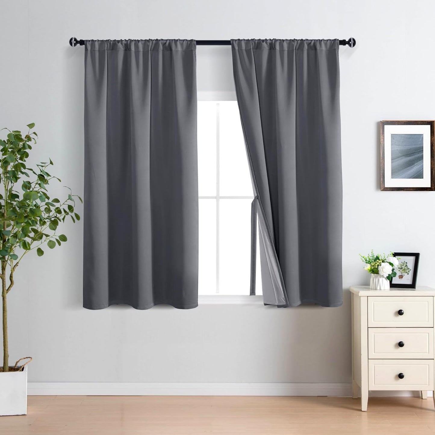 XWZO 100% Blackout Curtain Panels - Thermal Insulated Black Liner Rod Pocket Curtains, Noise Reducing & Heat Blocking Drapes for Hall and Studio Windows with Tiebacks, Dark Grey, W42 x L54, Set of 2