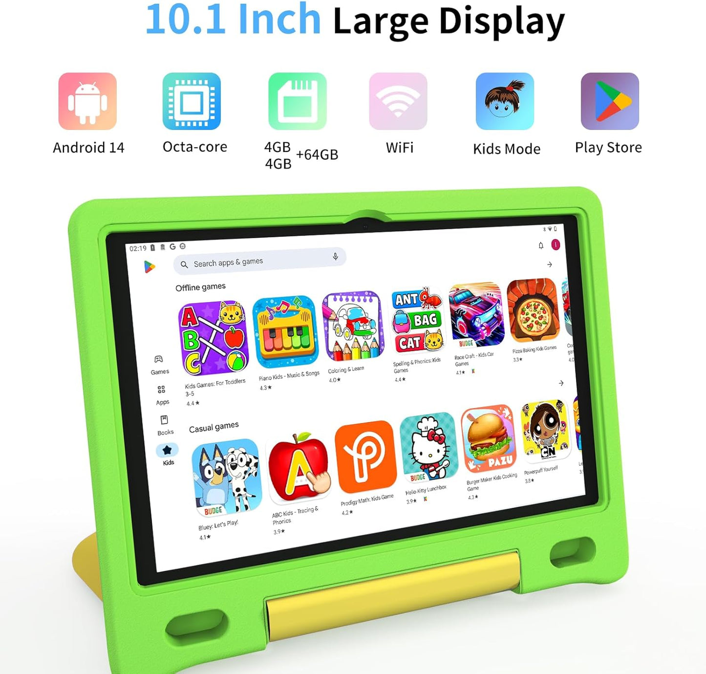 Kids Tablet, 10.1 Inch Tablet for Kids, Android 14, 64GB, Octa-Core CPU, WiFi, Big Battery, Kids Conten, Parental Control, HD Display Children Age 3-12, Bluetooth, Green Shockproof Case