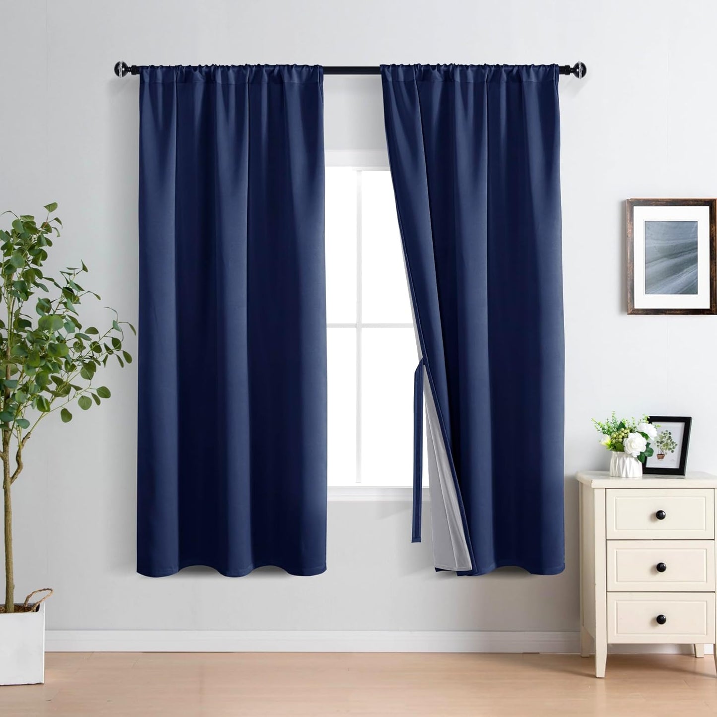 XWZO 100% Blackout Curtains 63 Inches Long with Tiebacks- 2 Layers Full Light Blocking and Thermal Insulated Black Liner Rod Pocket Curtains for Bedroom/Living Room, Navy Blue, W42 x L63, Set of 2