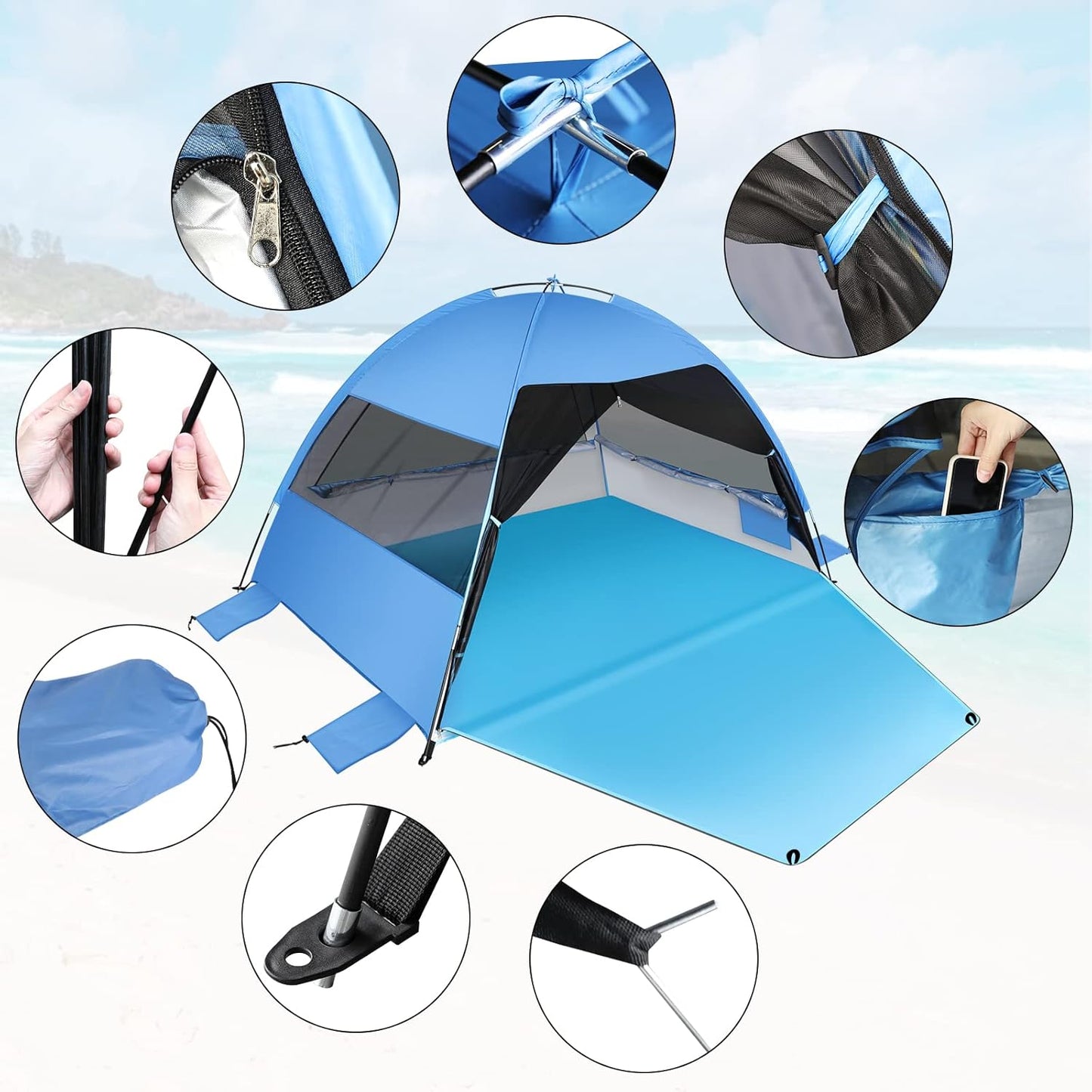 Large Easy Setup Beach Tent,Anti-UV Beach Shade Beach Canopy Tent Sun Shade with Extended Floor & 3 Mesh Roll Up Windows Fits 3-4 Person,Portable Shade Tent for Outdoor Camping Fishing