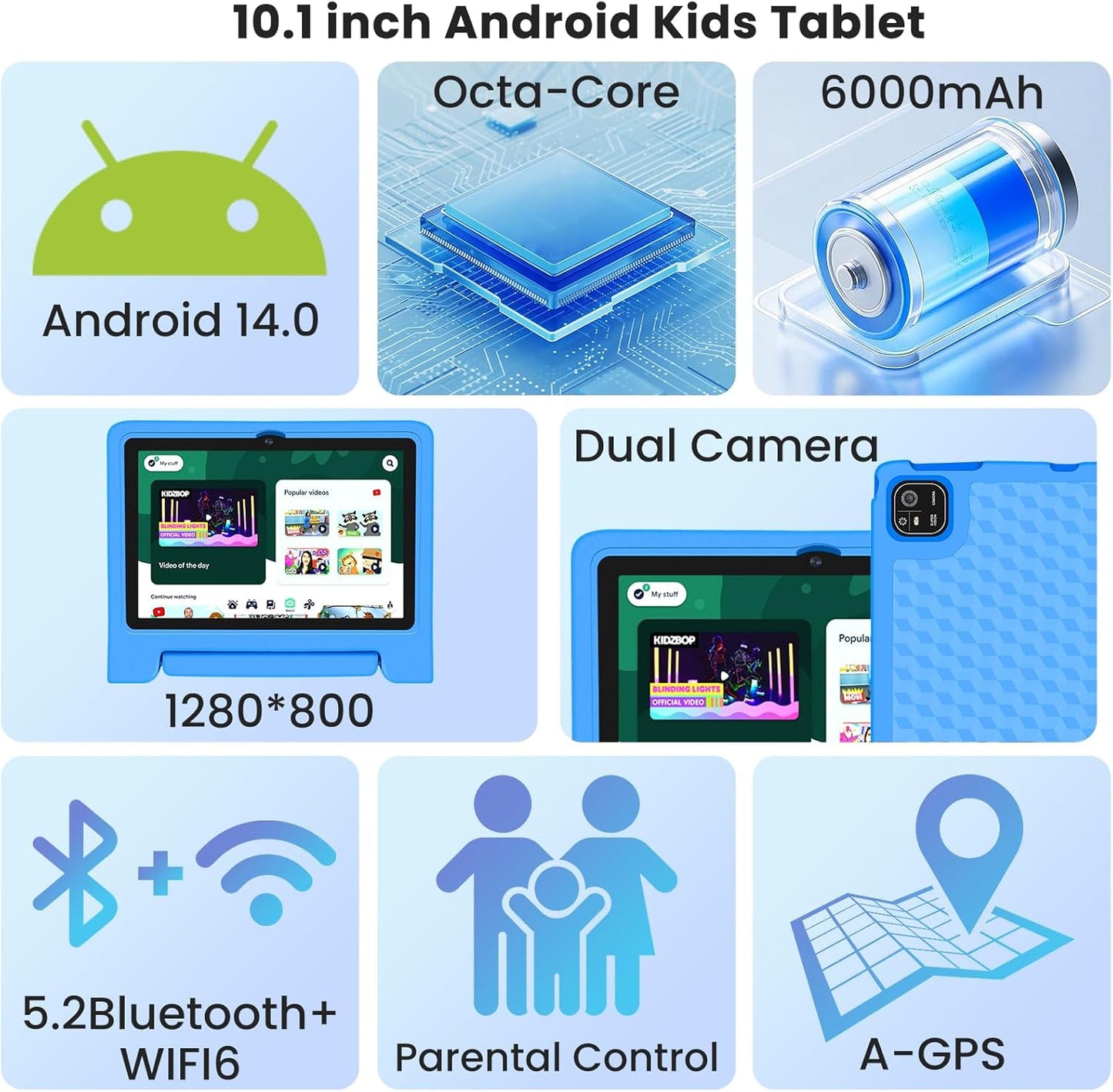 Kids Tablet 10.1 inch Android 14 Octa-Core 64GB 6000mAh Kids Space Parental Control 1280 * 800 HD Touchscreen Shockproof Case Dual Camera Gift for Toddler Children (Blue)