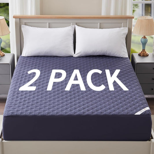 2 Pack Waterproof Mattress Protector, King Size Mattress Pad with Deep Pocket 6"-18" Depth, Soft Breathable Dirt-Proof Single Bed Mattress Cover for Bedroom, Dorm Room (Navy Blue)