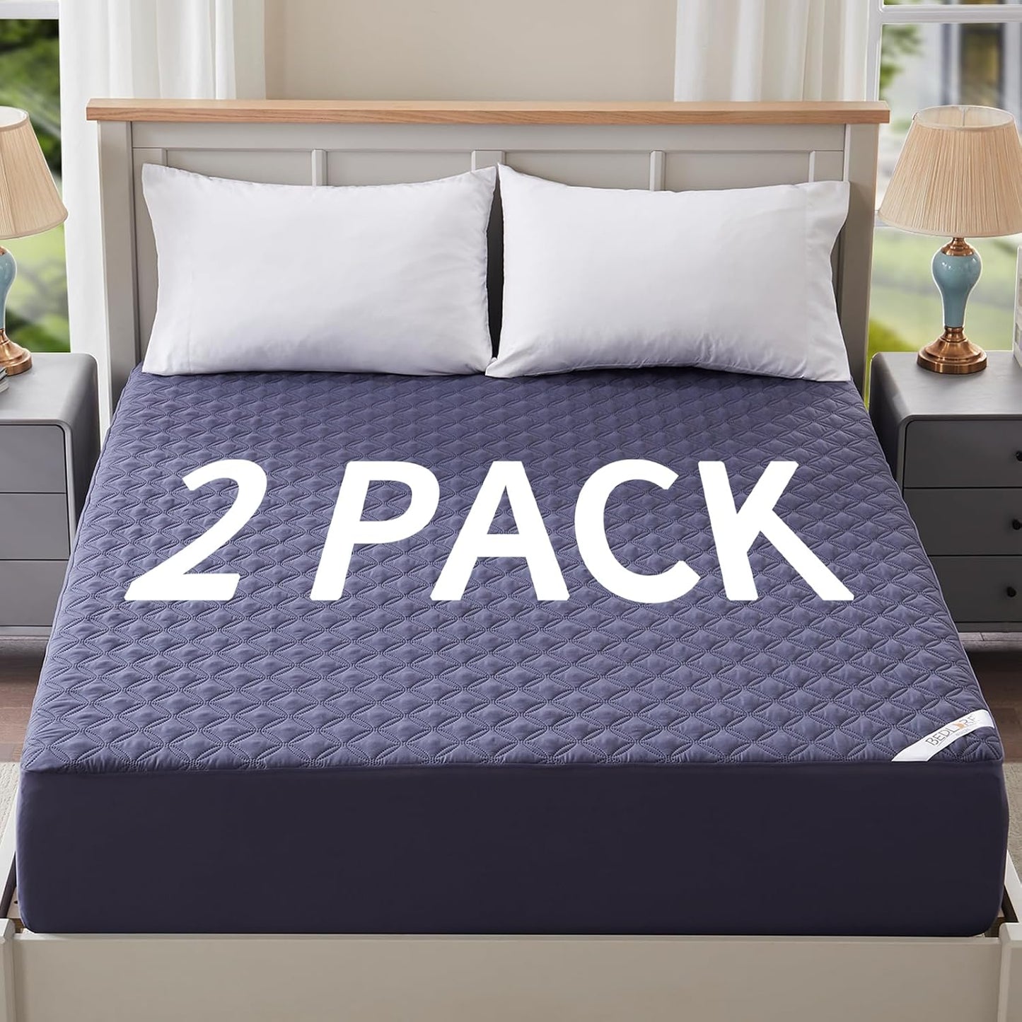 2 Pack Waterproof Mattress Protector, Twin Size Mattress Pad Noiseless with Deep Pocket Fitted for 6"-15", Breathable Dirt-Proof Single Bed Mattress Cover for Bedroom, Dorm Room (Navy Blue)
