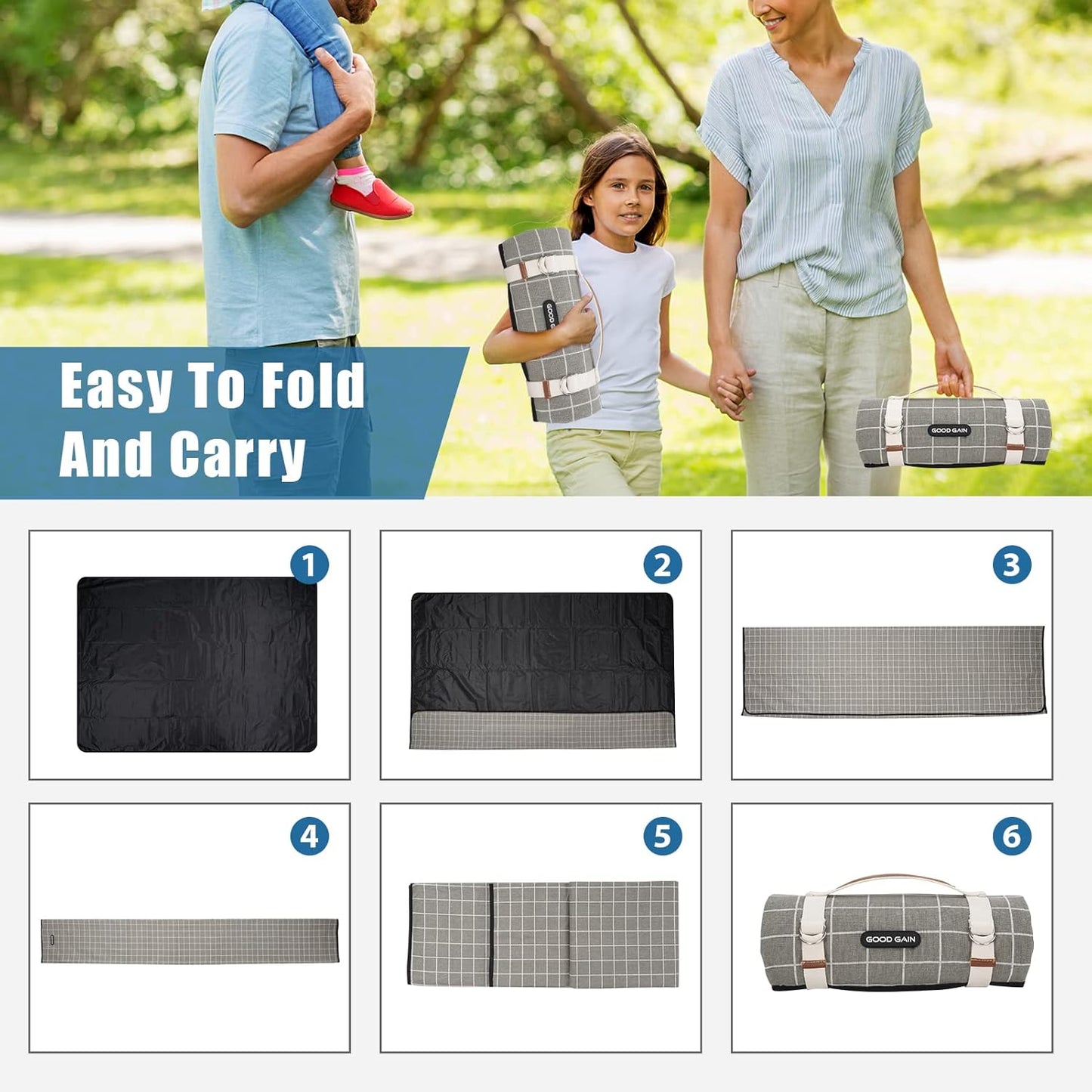 Picnic Outdoor Blankets Waterproof Extra Large - Beach Mat Sand Free Foldable with Carry Strap | Portable Camping Blanket | Park Blanket for Grass Park, Hiking, Travel, Concerts, Indoor (Grey Check)