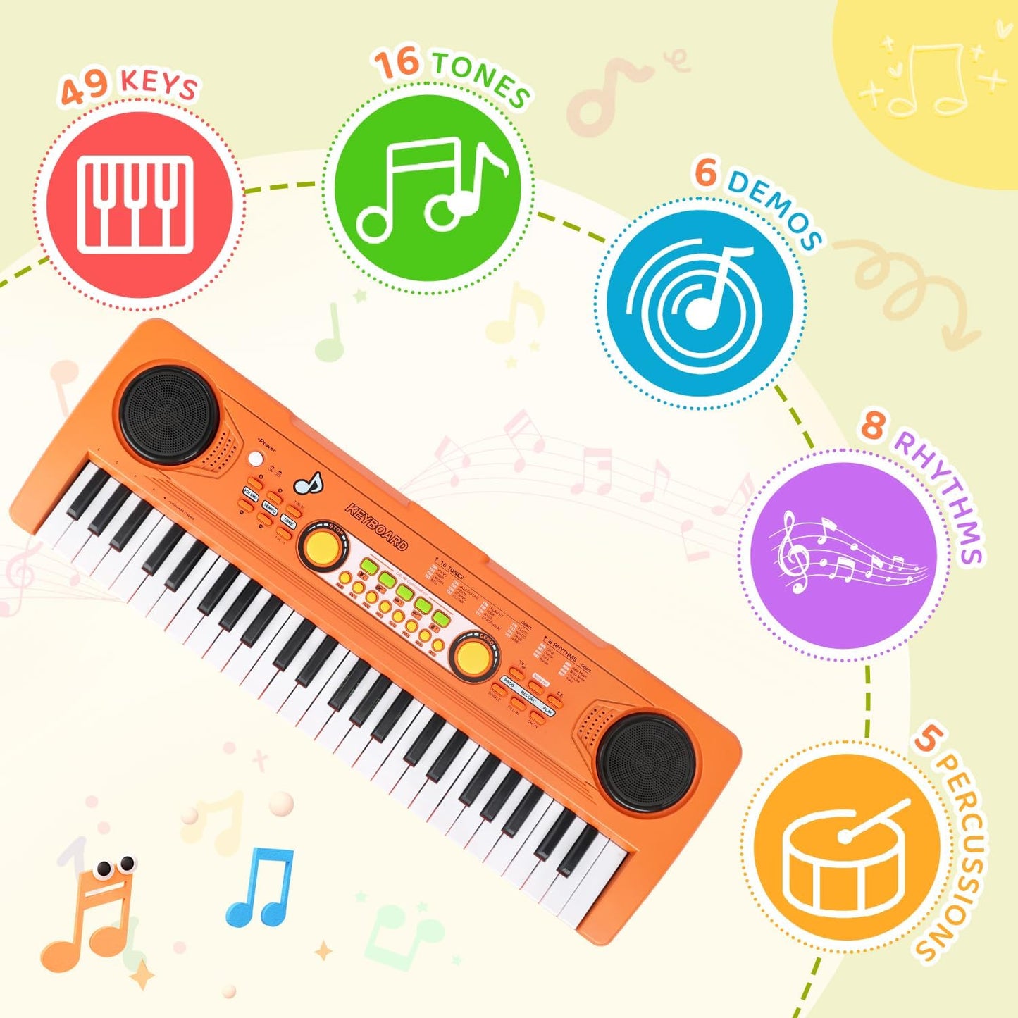 Kids Piano Keyboard Toy with Mic – 49 Keys Portable Electronic Piano for 3 4 5 6 7 Girls Boys Beginners Birthday Xmas Gifts, Orange