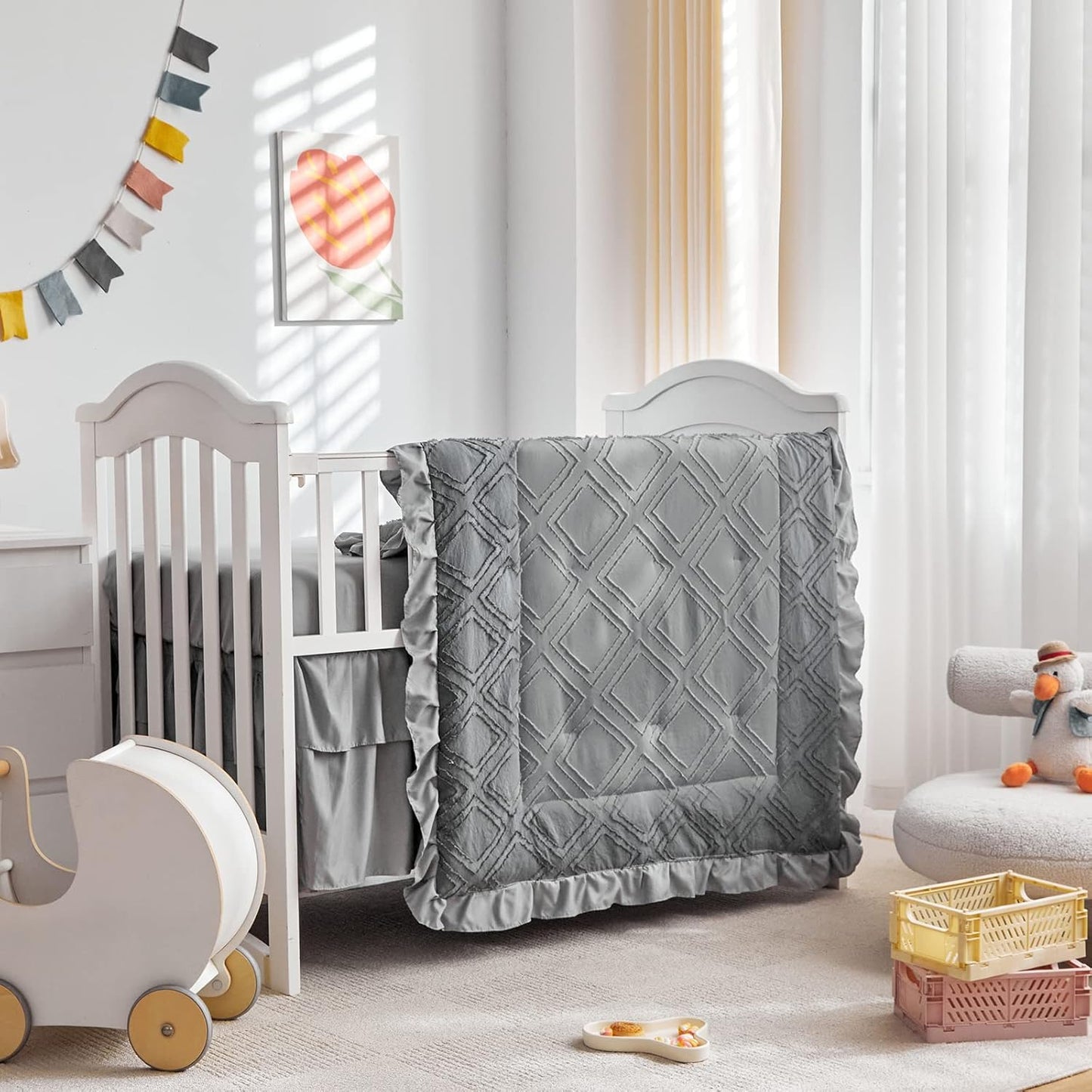 Tufted Ruffle Crib Bedding Set 3 Pieces Baby Boho Quilted Comforter with Fitted Sheet and Bed Skirt - Cute Ruffled Shabby Chic Baby Bedding Soft Blanket Design Gray