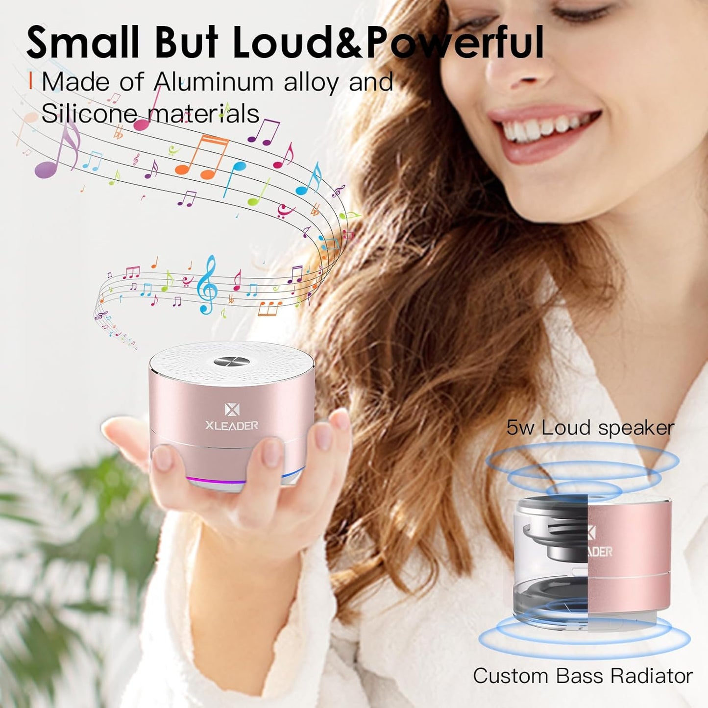 Mini Bluetooth Shower Speaker, IPX6 Waterproof Speaker, with RGB Lights, Mic, Portable Silicone Lanyard, Suction Cup, Clear Sound&Rich Bass, 12h Playtime, Small Pink Gifts for Girls Women