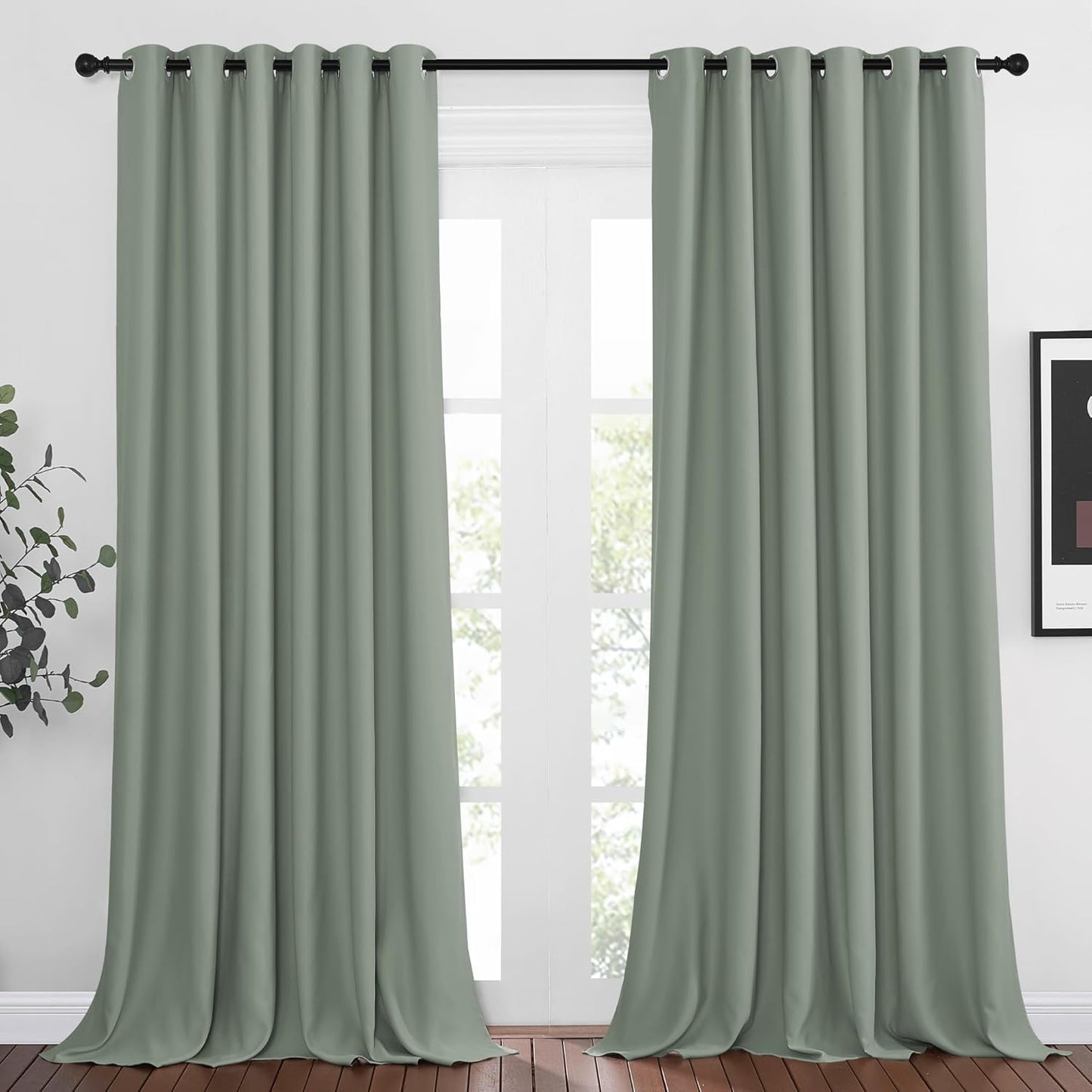 NICETOWN Room Darkening Curtains and Drapes for Window 95" L - Triple Weave Energy Saving Thermal Insulated Solid Grommet Blackout Panels for Patio (80" Wide per Panel, 2 Panels, Sage Green)