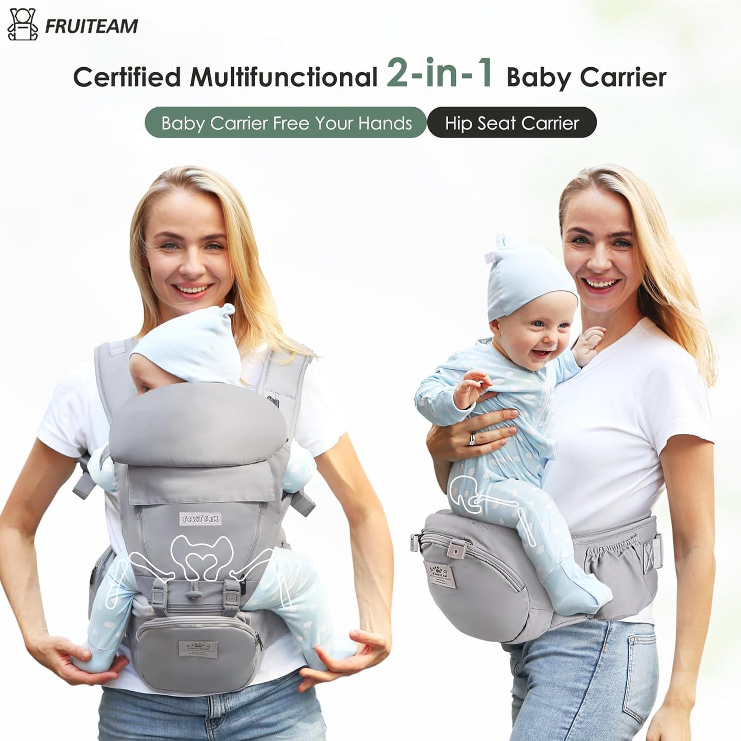 FRUITEAM Baby Carrier Newborn to Toddler - Safety-Certified Waist Stool with Hip Seat, Ergonomic 6-in-1 Baby Carrier with Head Support, Great for Travel and Outdoor Activities