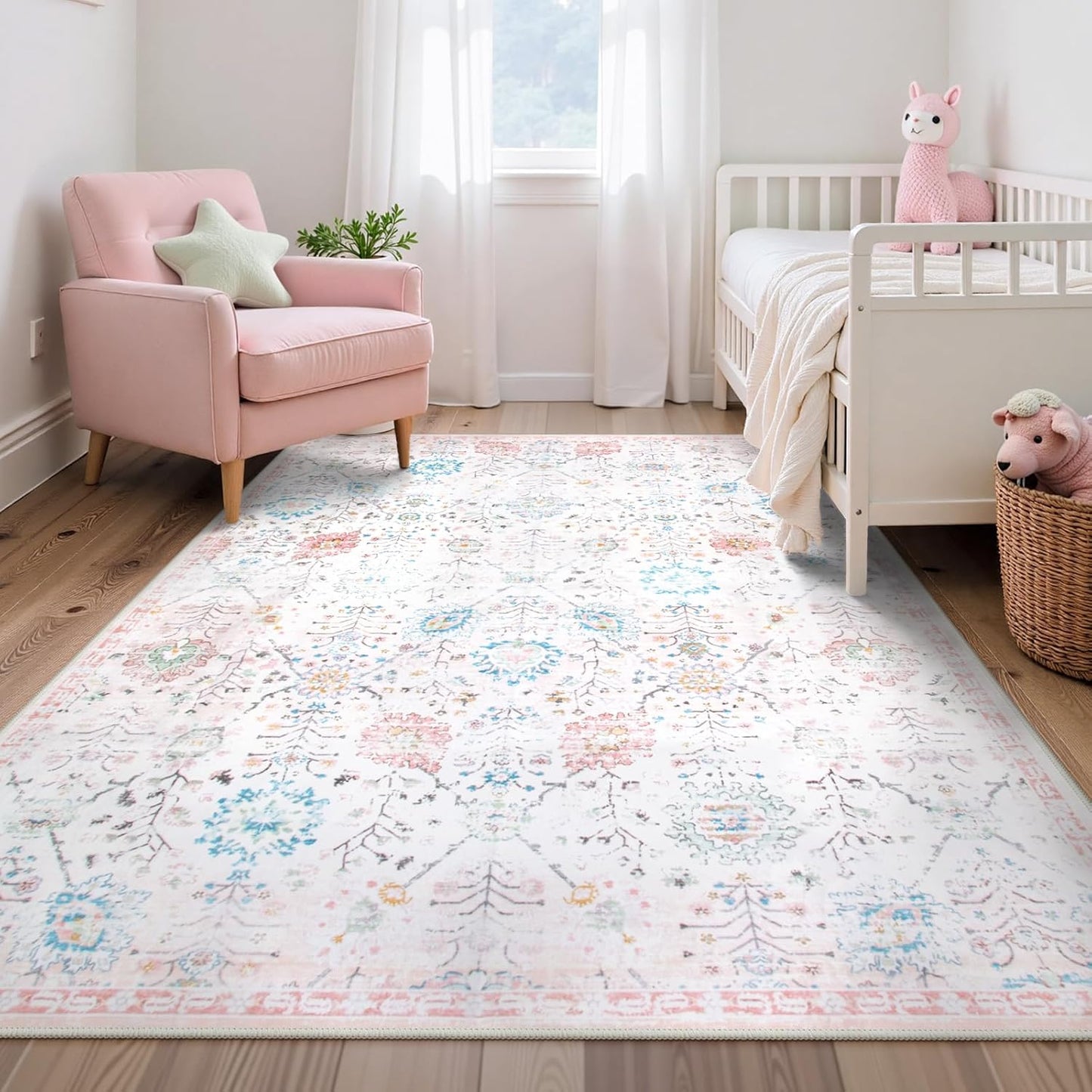 Lahome Soft Nursery Rug, Washable Area Rugs 5x7 for Cozy Kids Room, Lightweight Boho Carpet for Dorm with Non Slip Backing, Non Shedding Easy Care Floral Simple Carpets for Bedroom Living Room, Beige