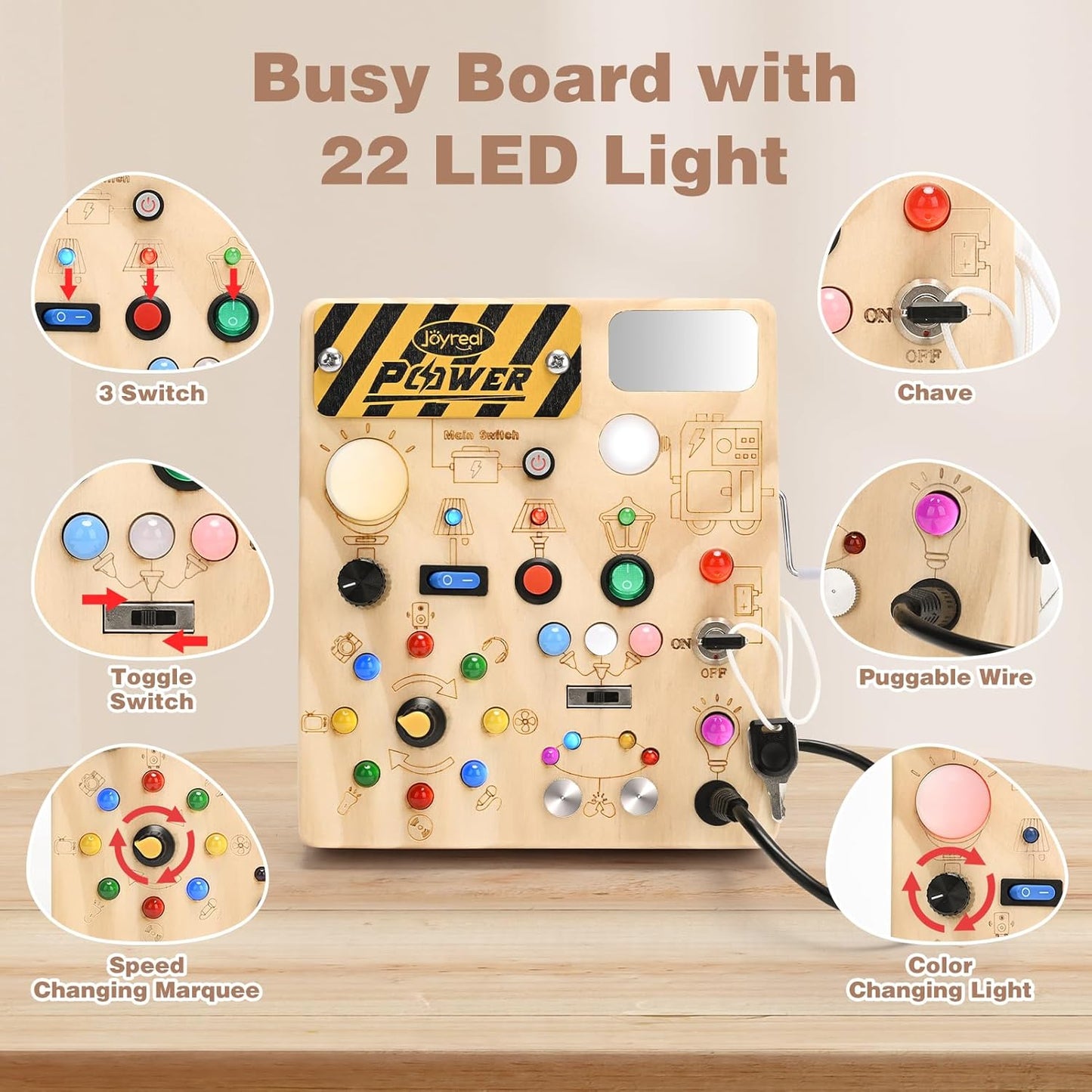 Joyreal Busy Board with 22 LED Light - Montessori Toys for 1 2 3 Years Old, Wooden Toddler Sensory Board for Kids with Autism, Fidget Board Travel Toys for 1+ Year Old Boy & Girl Birthday Gift (Big)