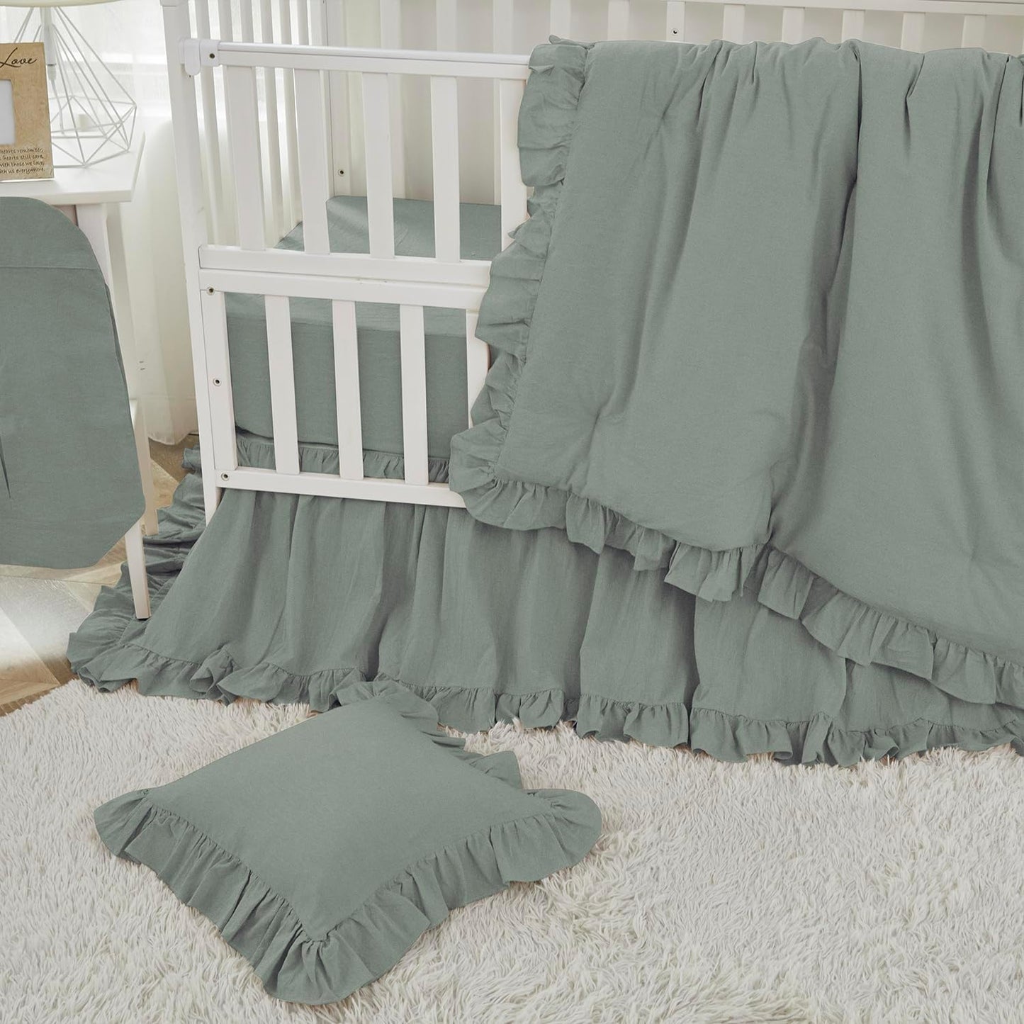 Brandream Gender Neutral Boho Bohemian Baby Girl Boy Nursery 3 Pieces Crib Bedding Set Solid Green Farmhouse Chic Ruffle Unisex Cozy 100% Washed Cotton