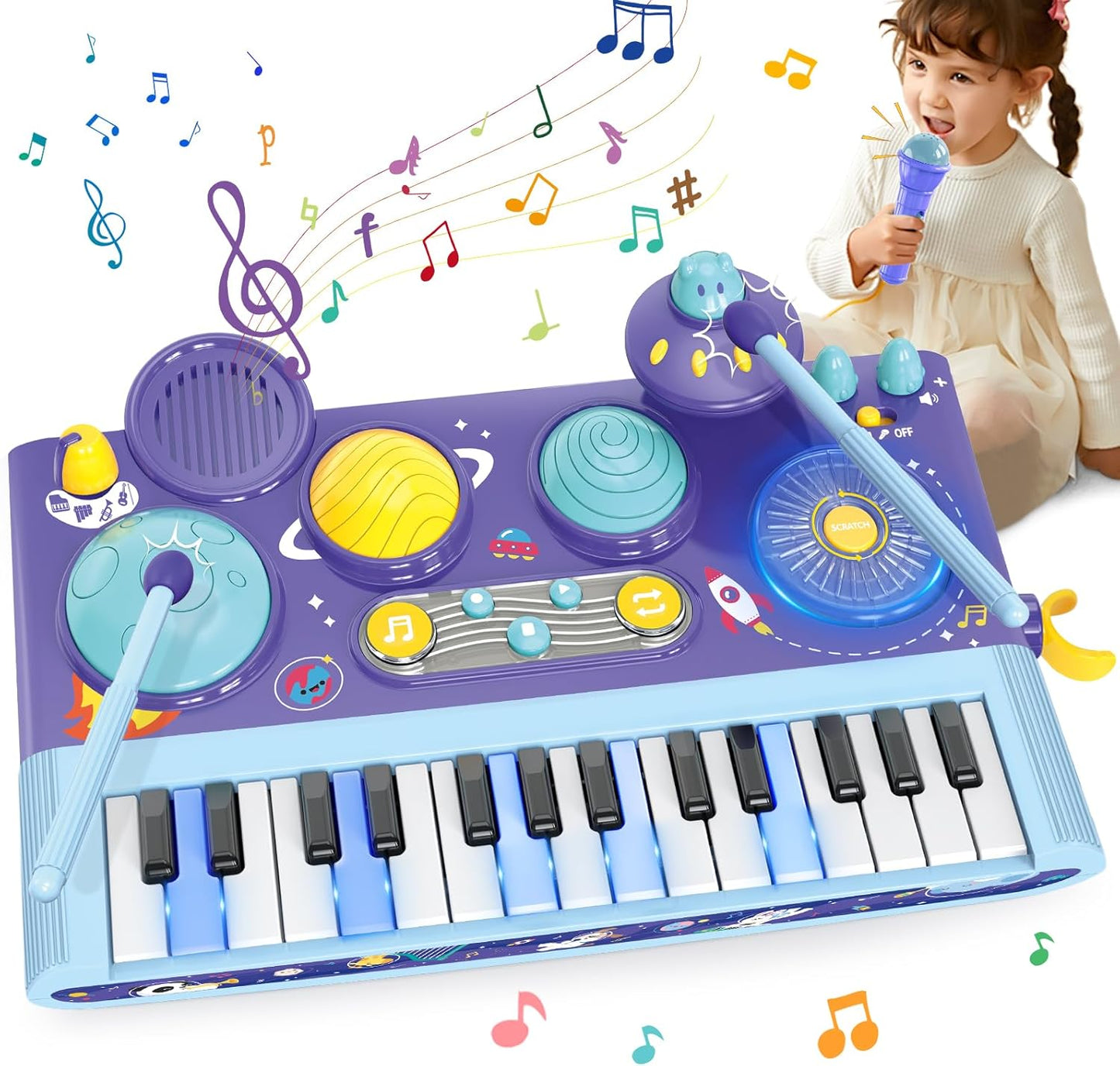 Mostop Toddler Musical Toys 5 in 1 Piano Keyboard Xylophone Drum with Microphone, DJ Table Instruments Learning Toys with Lights for Boys Girls Age 2-5, Kids Piano Drum Set Christmas Birthday Gift