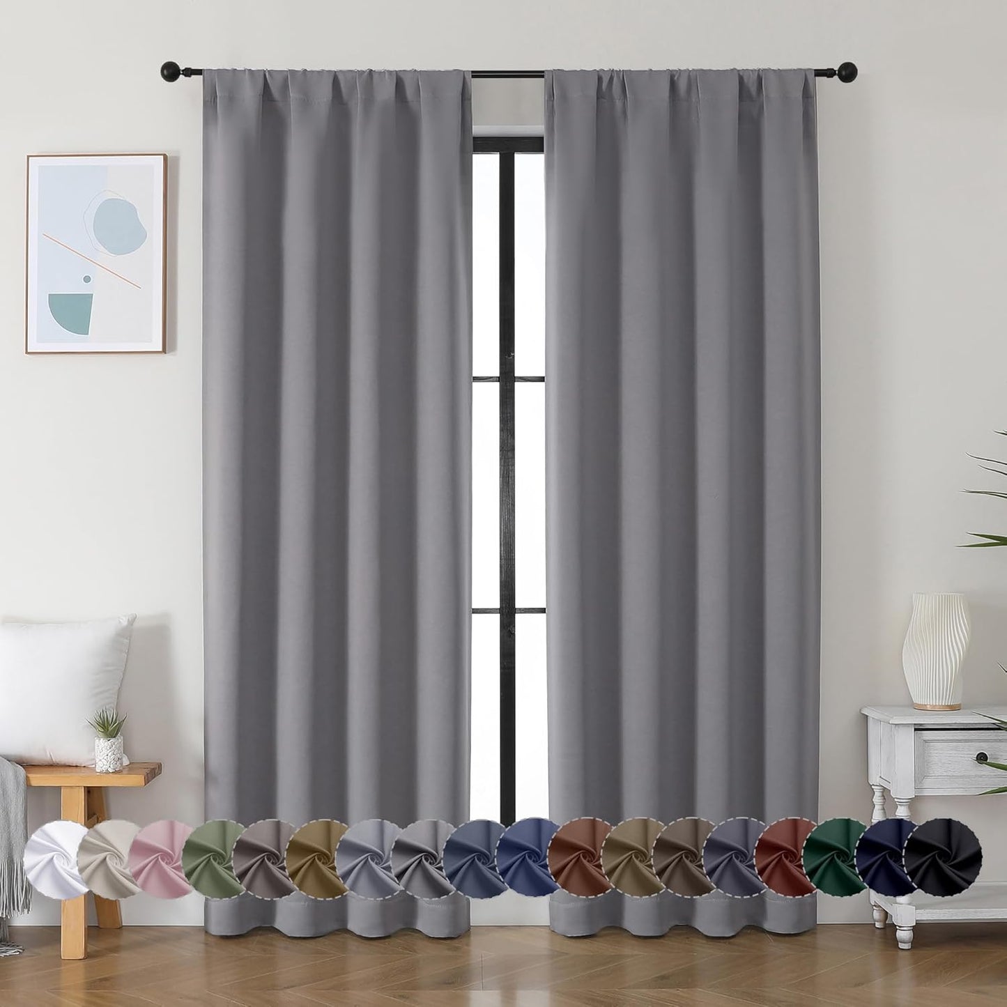 Simplebrand Ava Light Grey Blackout Curtains for Bedroom 84 Inch Length 2 Panels Set, Solid Thermal Insulated Privacy Living Room Window Treatment Curtains Blackout Drapes, W40 x L84 Inch, Light Grey