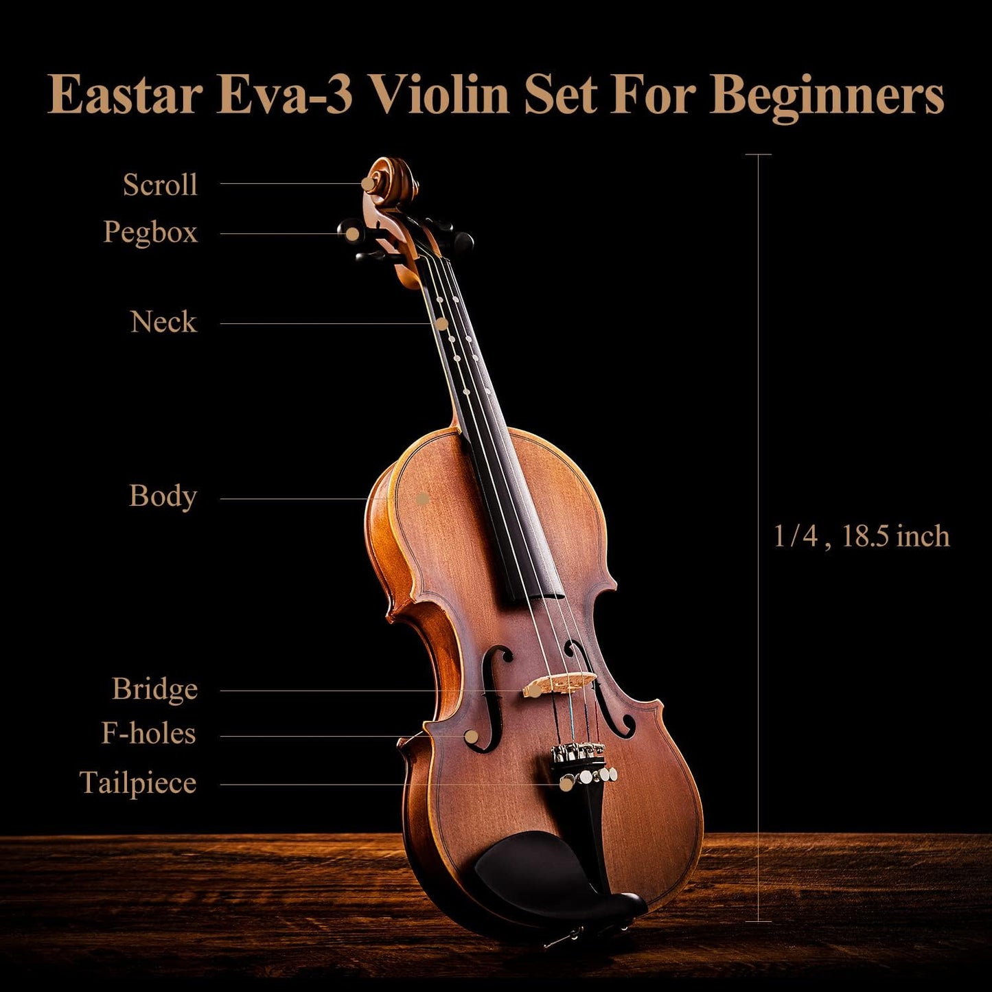 Eastar 1/4 Violin Set Fiddle for Beginners with Hard Case, Rosin, Shoulder Rest, Bow, and Extra Strings (Imprinted Finger Guide on Fingerboard), EVA-3