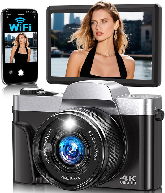4K Digital Camera for Photography with WiFi,64MP Autofocus Vlogging Camera for YouTube,3'' 180° Flip Screen Compact Travel Camera for Teens with 32GB SD Card,16X Zoom,Anti-Shake,2 Batteries(Charcoal)