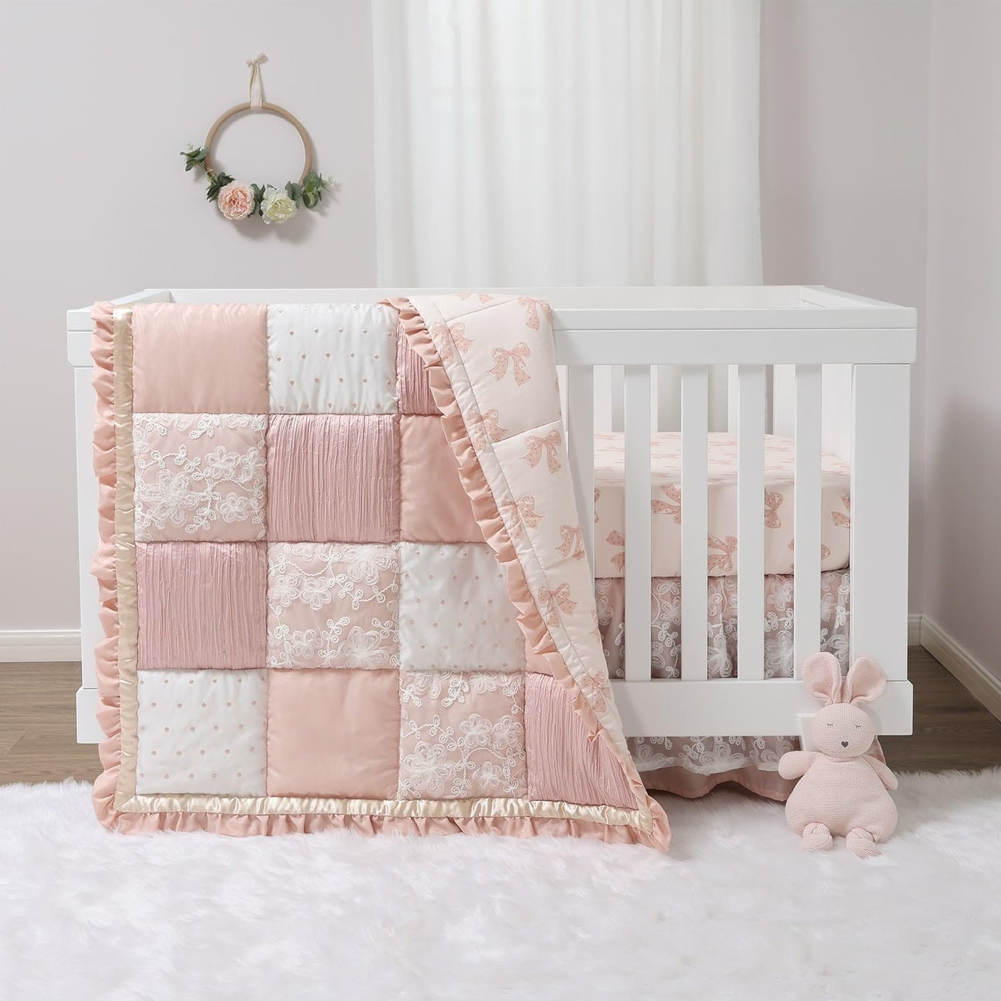 The Peanutshell 3 Piece Baby Crib Bedding Set for Girls - Cotton Fitted Crib Sheet, Layered Dust Ruffle, Comforter, Newborn, Infant & Toddler Vintage Nursery Bed Set Decor, Pink, Gold, Floral - Grace