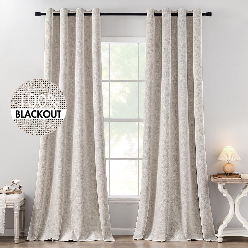 MIULEE 100% Blackout Linen Textured Curtains for Bedroom Solid Thermal Insulated Ivory Grommet Room Darkening Curtains & Drapes Luxury Decor for Living Room Nursery 52 x 102 Inch (2 Panels)