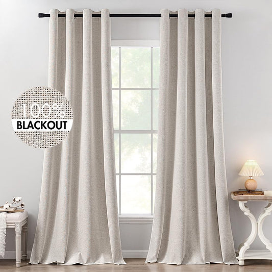 MIULEE 100% Blackout Linen Textured Curtains for Bedroom Solid Thermal Insulated Ivory Grommet Room Darkening Curtains & Drapes Luxury Decor for Living Room Nursery 52 x 132 Inch (2 Panels)