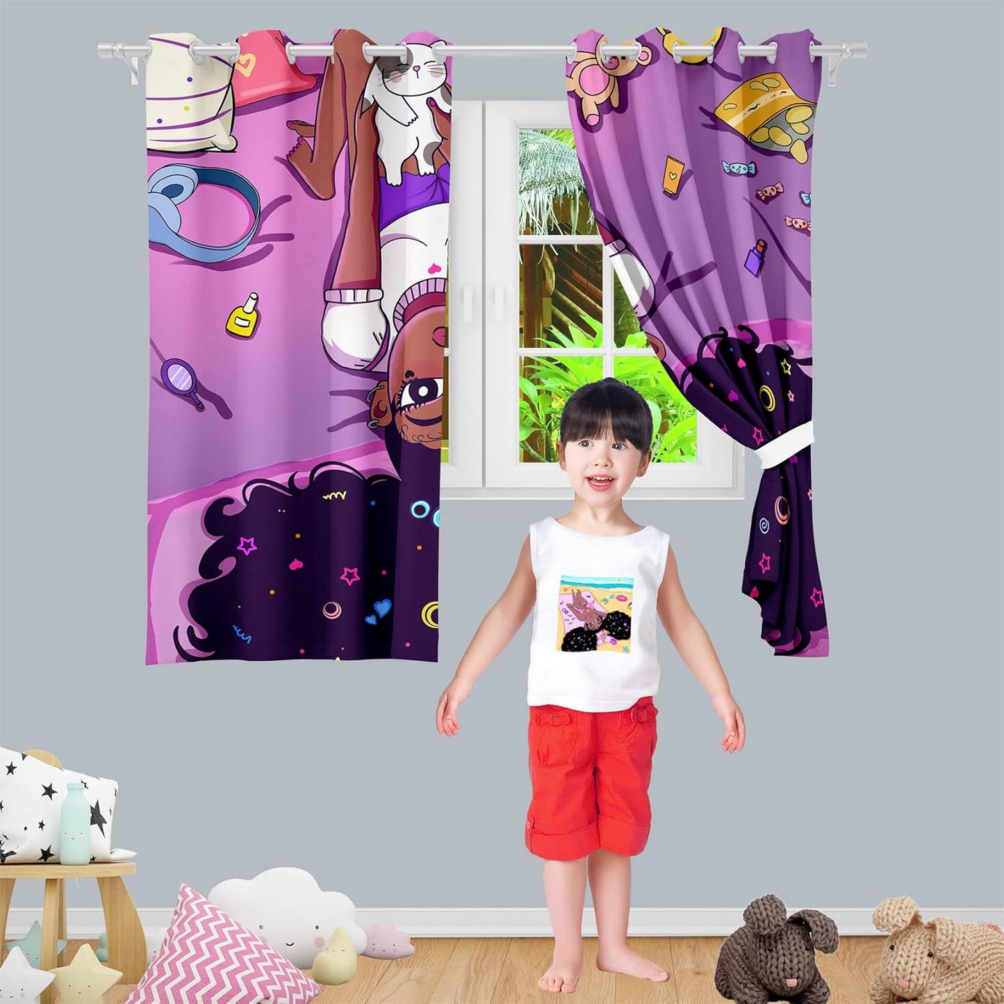 Black Girl Blackout Curtains 2 Panels 63" Inch Drapes for Kids Nursery Bedroom Purple Girls Blackout Curtains Cute Girls Themed Grommet Top Thermal Insulated Curtains for Nursery, 82" x 63"