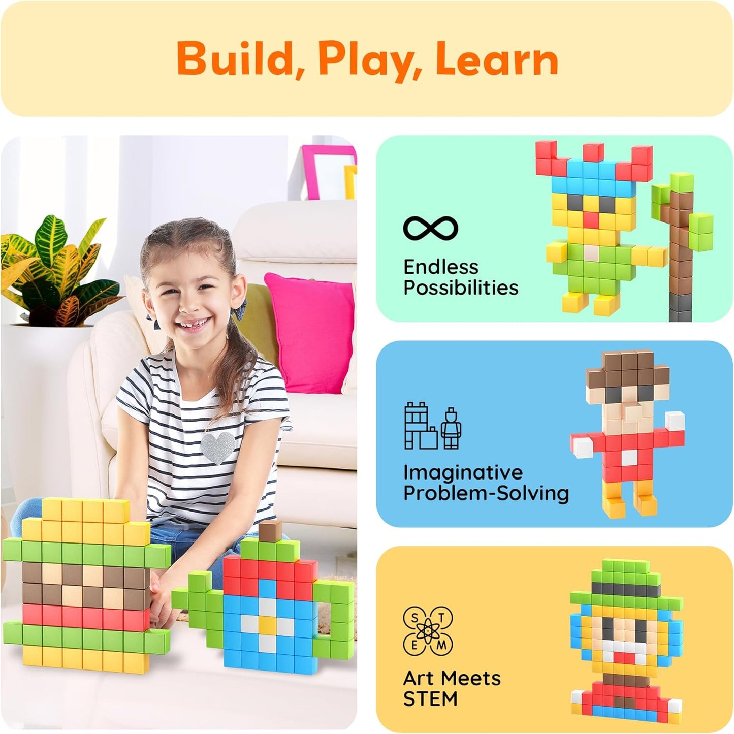 Picasso Cubes 1” Magnetic Puzzle Cubes 108 Piece Magnet Construction Building Block Set Sensory Toy Early Education STEM Learning, Free Ideabook with 50 Ideas, Children Age 3+ Boy Girl PMC108