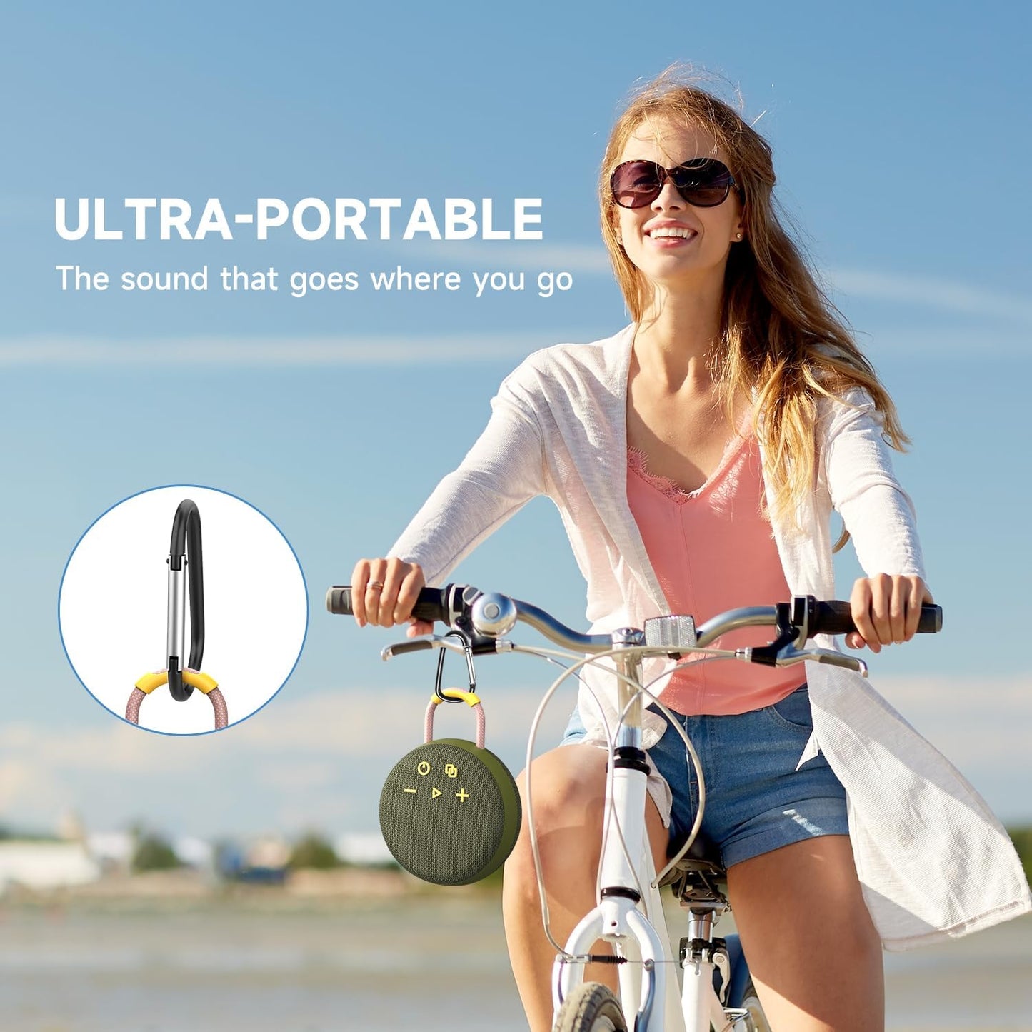 MusiBaby Rugged Mini Clip-On Speaker – BT 5.3, Waterproof Build, Shock-Resistant Rubber Shell, Great for Camping Packs, College Study Corners, or Travel Bags (Green)