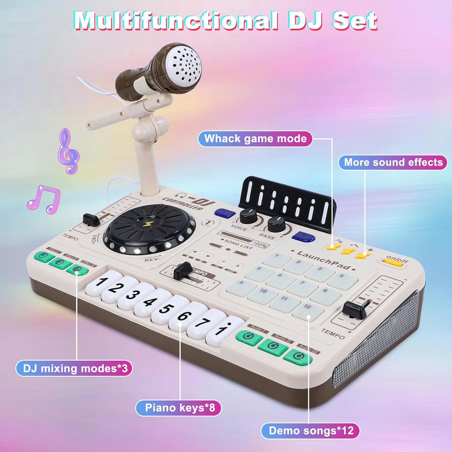 Magic4U Kids DJ Mixer, Toddler Rechargeable DJ Set with Lights, Sound Effect, Demo Songs and Reaction Music Games, Musical Toys Birthday Party Gift for 3-9 Years Old Girls Boys