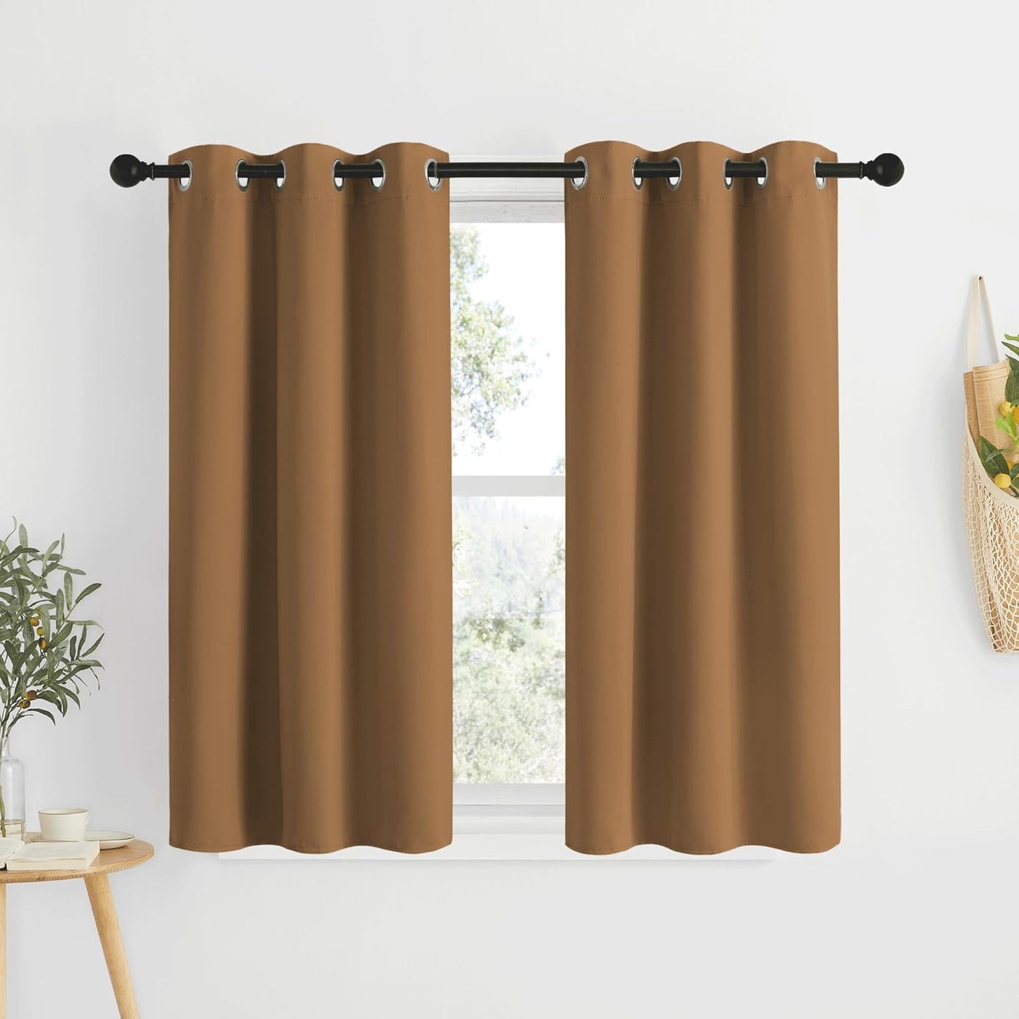 NICETOWN Short Blackout Gold Brown Curtains for Bedroom - Energy Saving Thermal Insulated Solid Grommet Room Darkening Small Window Treatments for Kitchen/Cafe, 2 Panels, W34 x L50