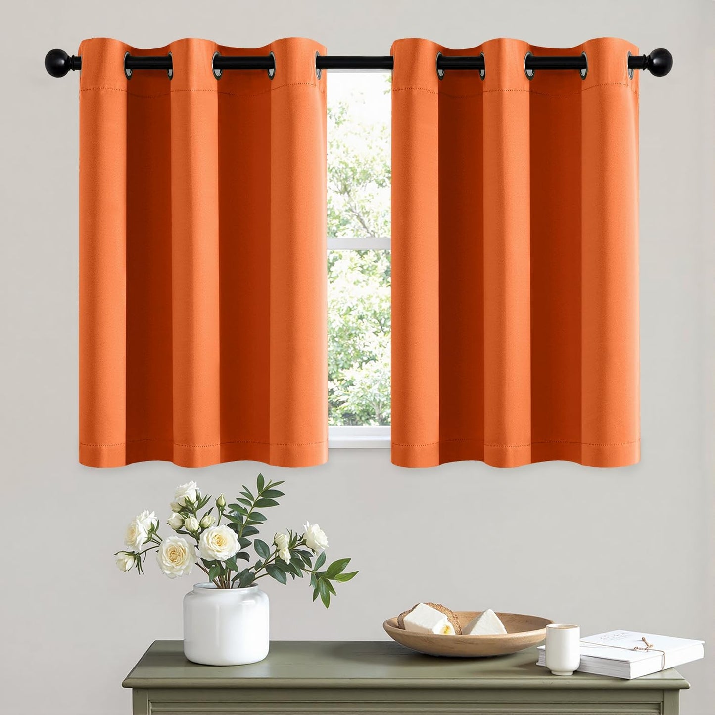 MIULEE Short Fall Curtains for Windows - Orange Blackout Half Window Curtains Thermal Insulated Privacy Drapes for Kitchen Bedroom Bathroom Grommet Top Small Basement Tiers W40 x L36 Inch 2 Panels