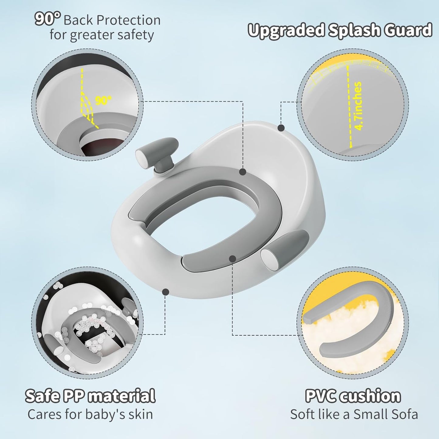 Potty Training Toilet Seat with Kids Step Stool Anti-Slip Toddler Seat, Soft Cushion, Baby Potty Training Set for Boys & Girls (Grey)