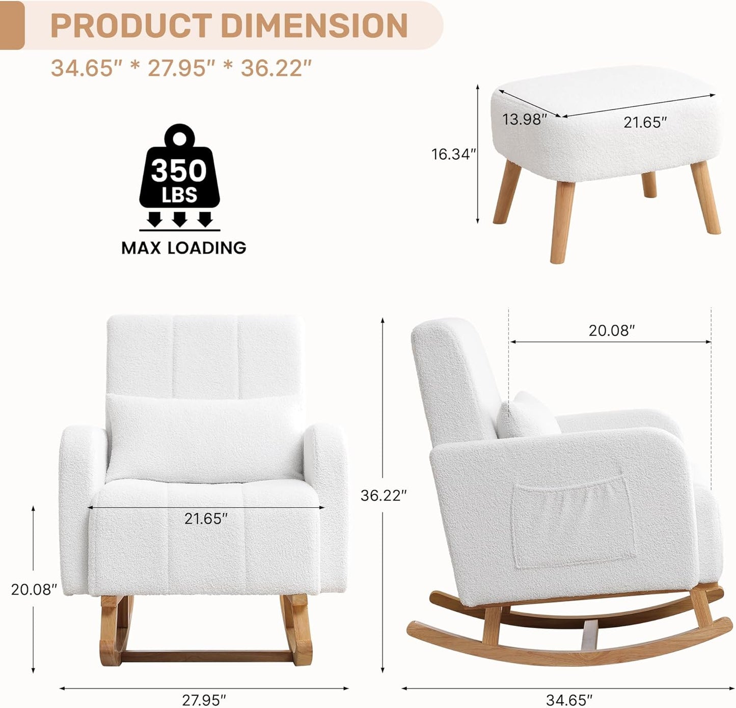 Rocking Chair with Ottoman, Upholstered Nursing Glider Rocker with High Backrest and Side Pocket, Comfy Reading Chair with Solid Wood Legs for Nursery/Living Room/Bedroom White