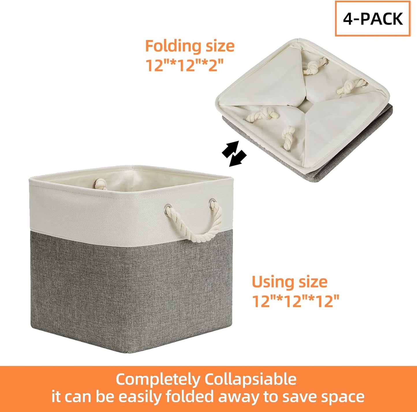 DULLEMELO Cube Storage Bins Set of 4 Fabric Storage Cubes Organizer Bin with Handles, Collapsible 12 Inch Cube Storage Baskets for Organizing, Closet, Shelf, Nursery (White&Grey)