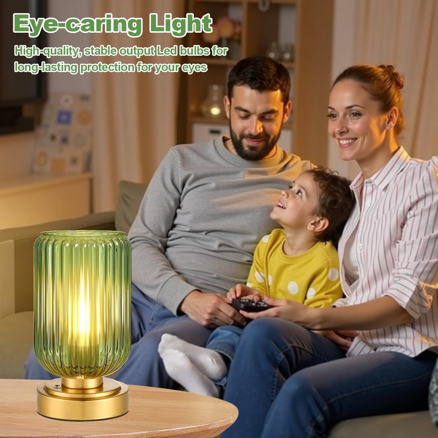 Small Table Lamp for Bedroom, Dimmable Cordless Lamp, Rechargeable Battery Operated Lamp with Green Glass Shade Touch Lamps for Night Stands, Living Room, Desk, Bulb Included