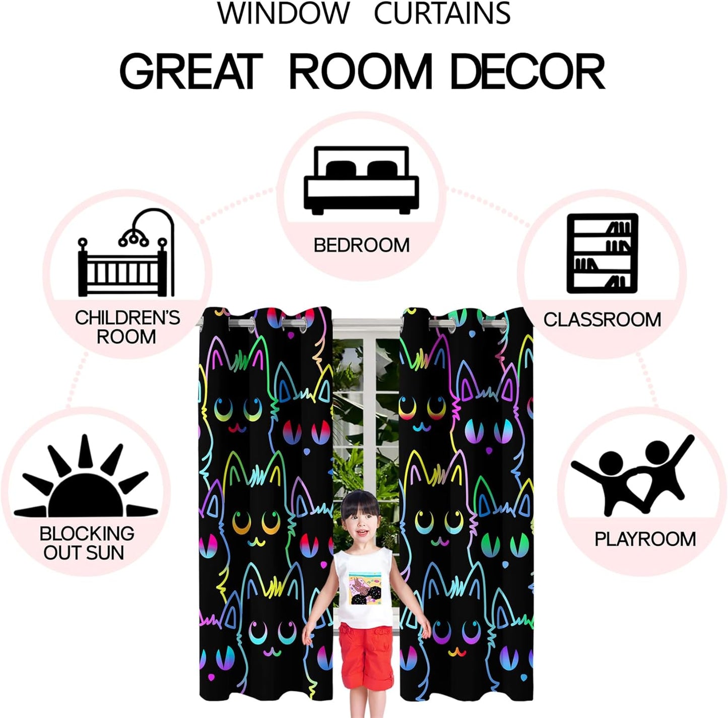 Cat Blackout Curtains for Girls - 2Pcs Cute Cartoon Cat Patterns Curtain Panels for Girls Bedroom Lovely Cats Drapes Darkening Window Curtain for Living Room Bedroom, 82" x 84"
